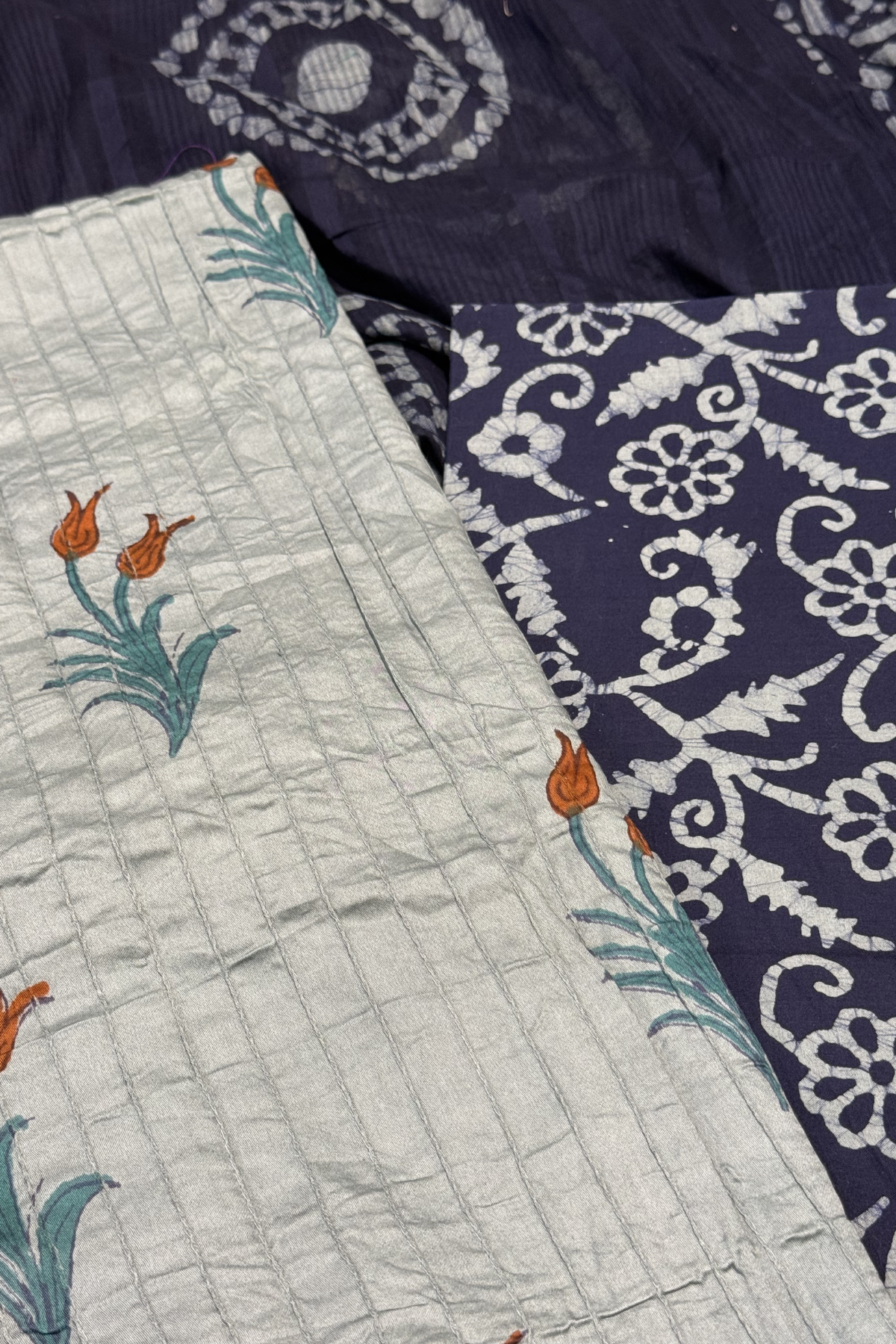 Block Printed Cotton Kurta Material - Light Green & Blue