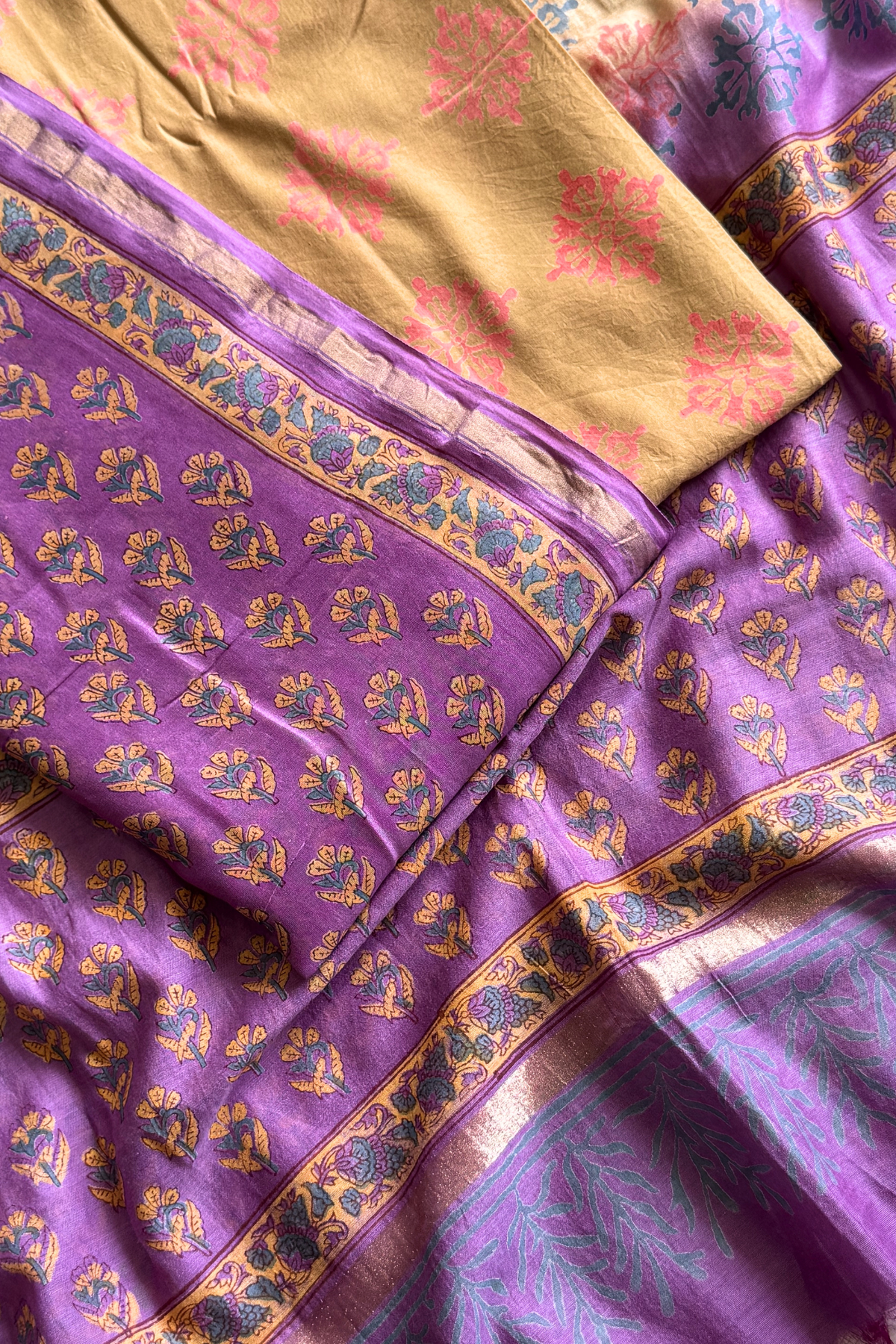 Chanderi Silk 3  Piece unstitched Suit Set - Light Purple