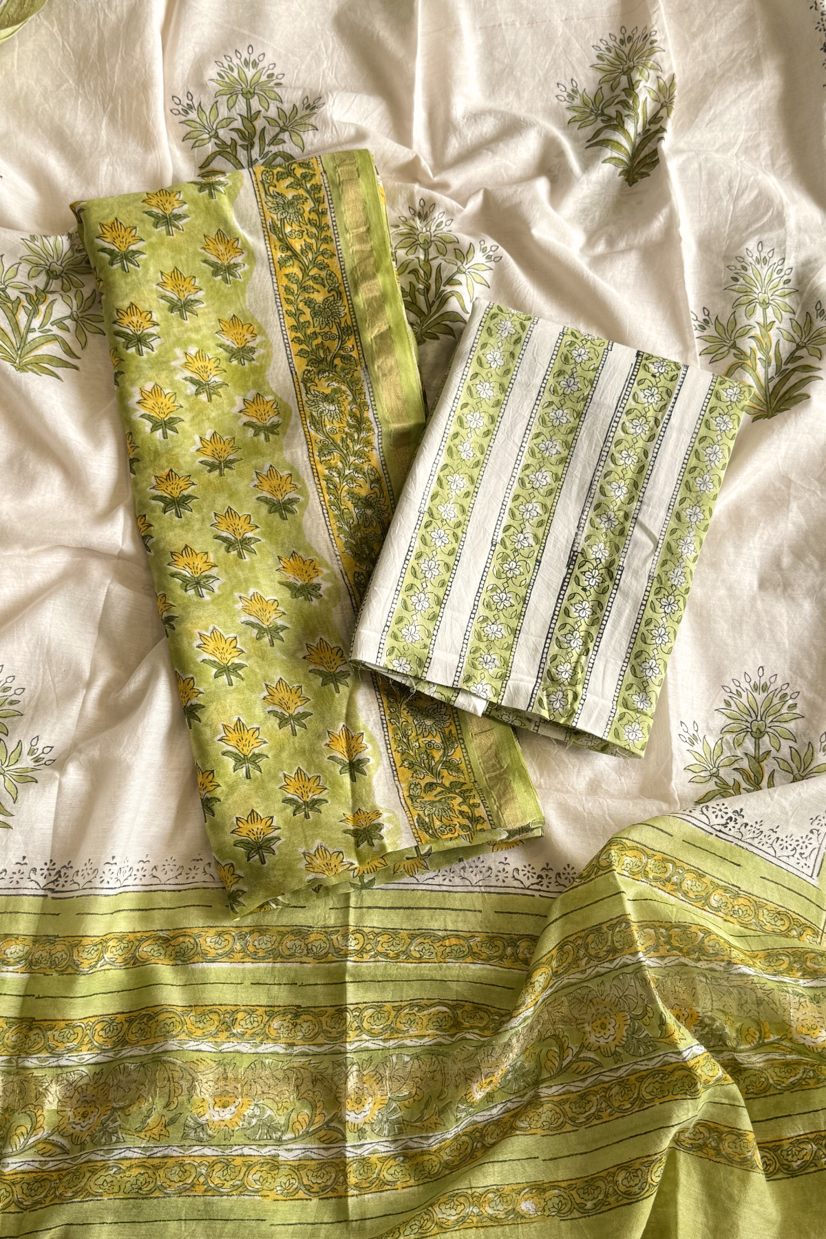 Chanderi Silk 3  Piece unstitched Suit Set - Light Green
