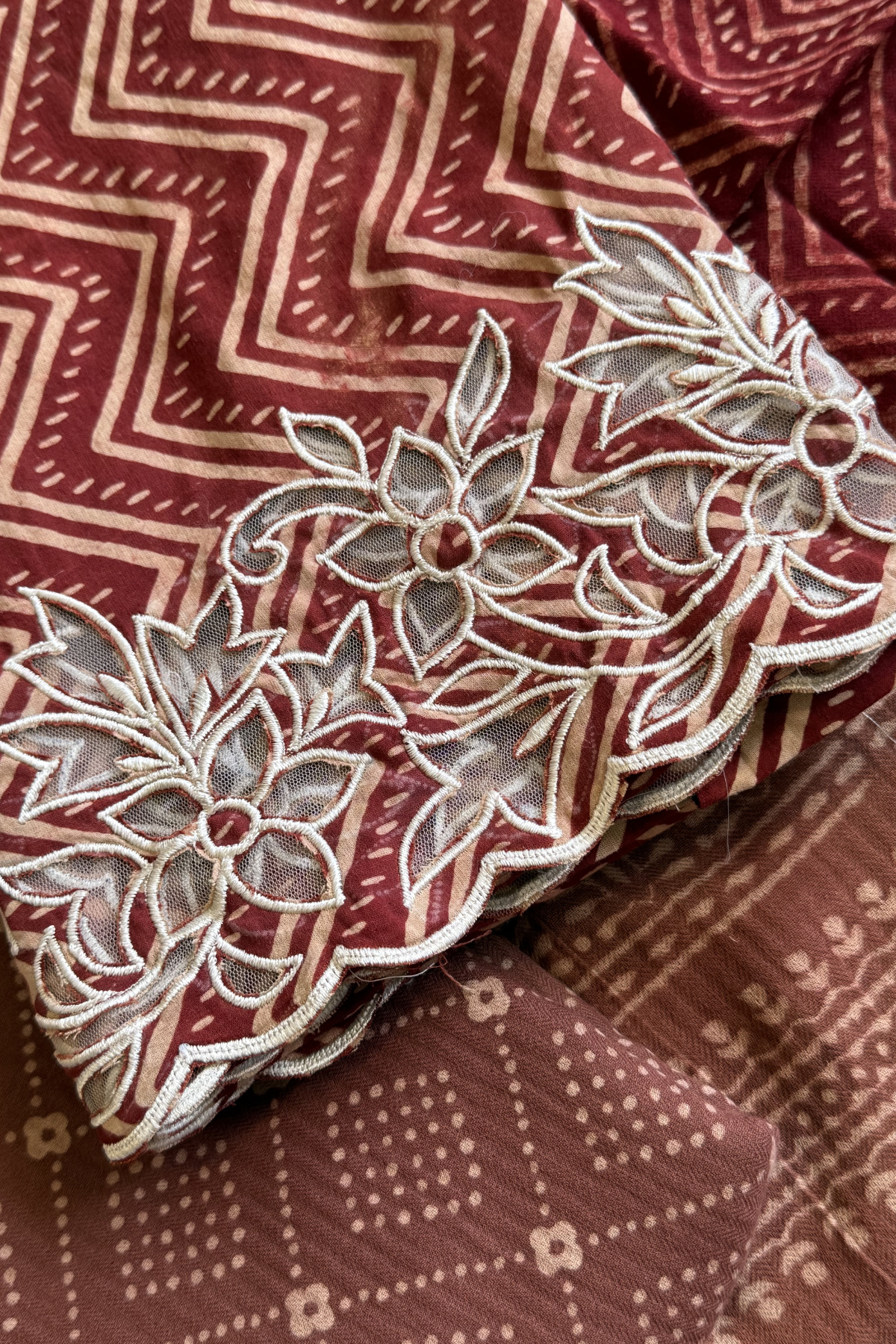 Natural Dye Pashmina Suit With cutwork - Onion Pink & Red