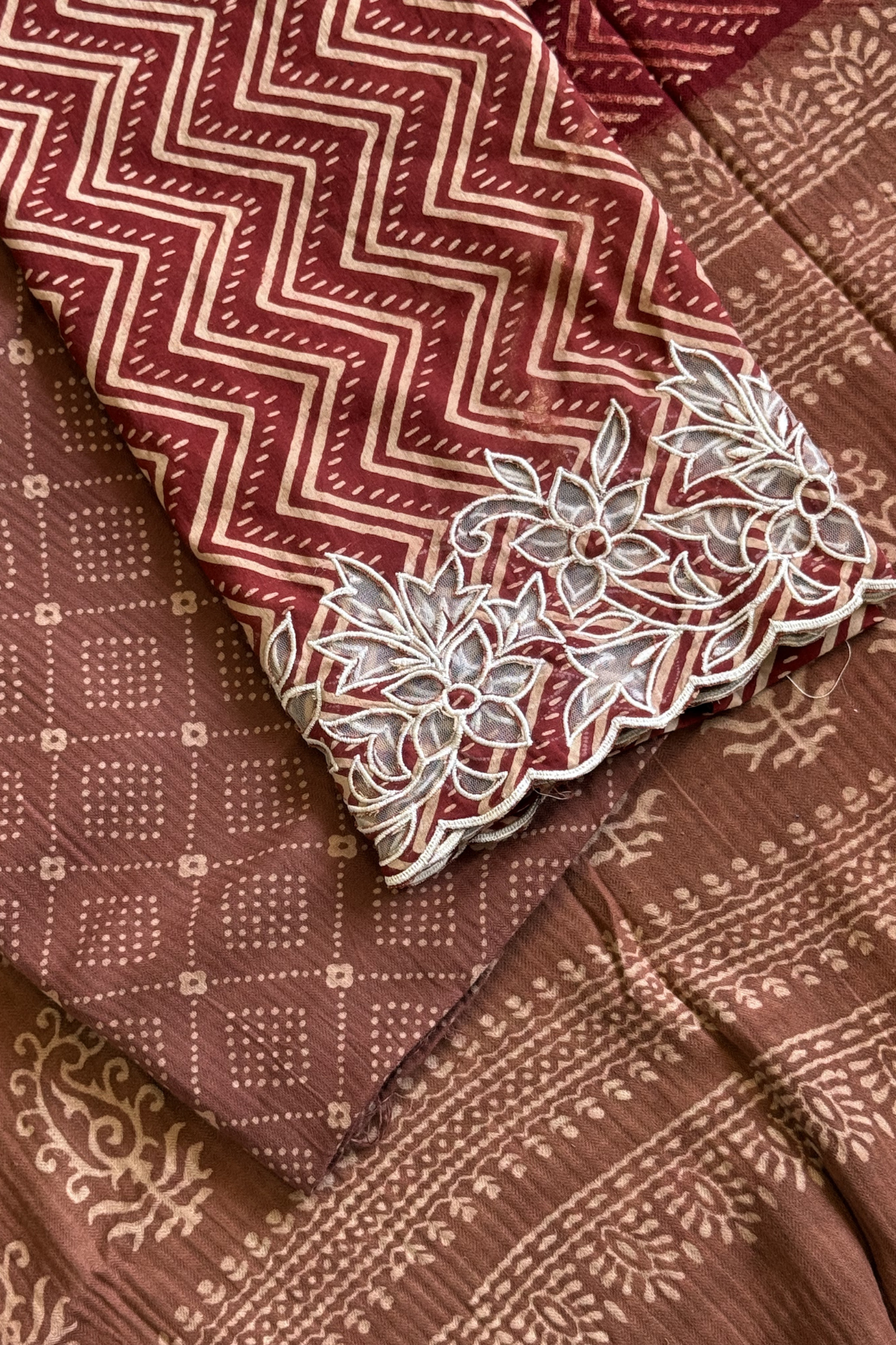 Natural Dye Pashmina Suit With cutwork - Onion Pink & Red