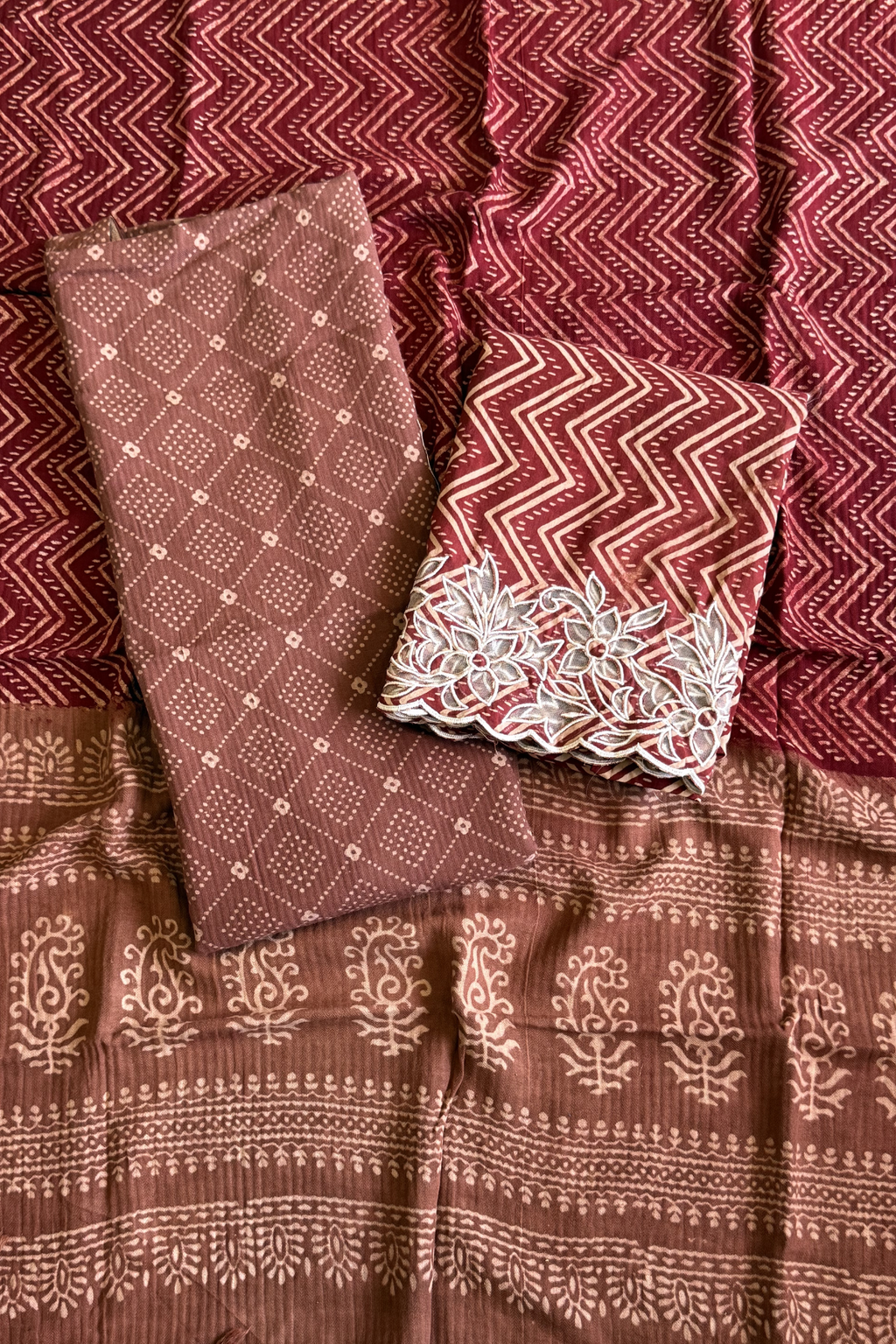 Natural Dye Pashmina Suit With cutwork - Onion Pink & Red