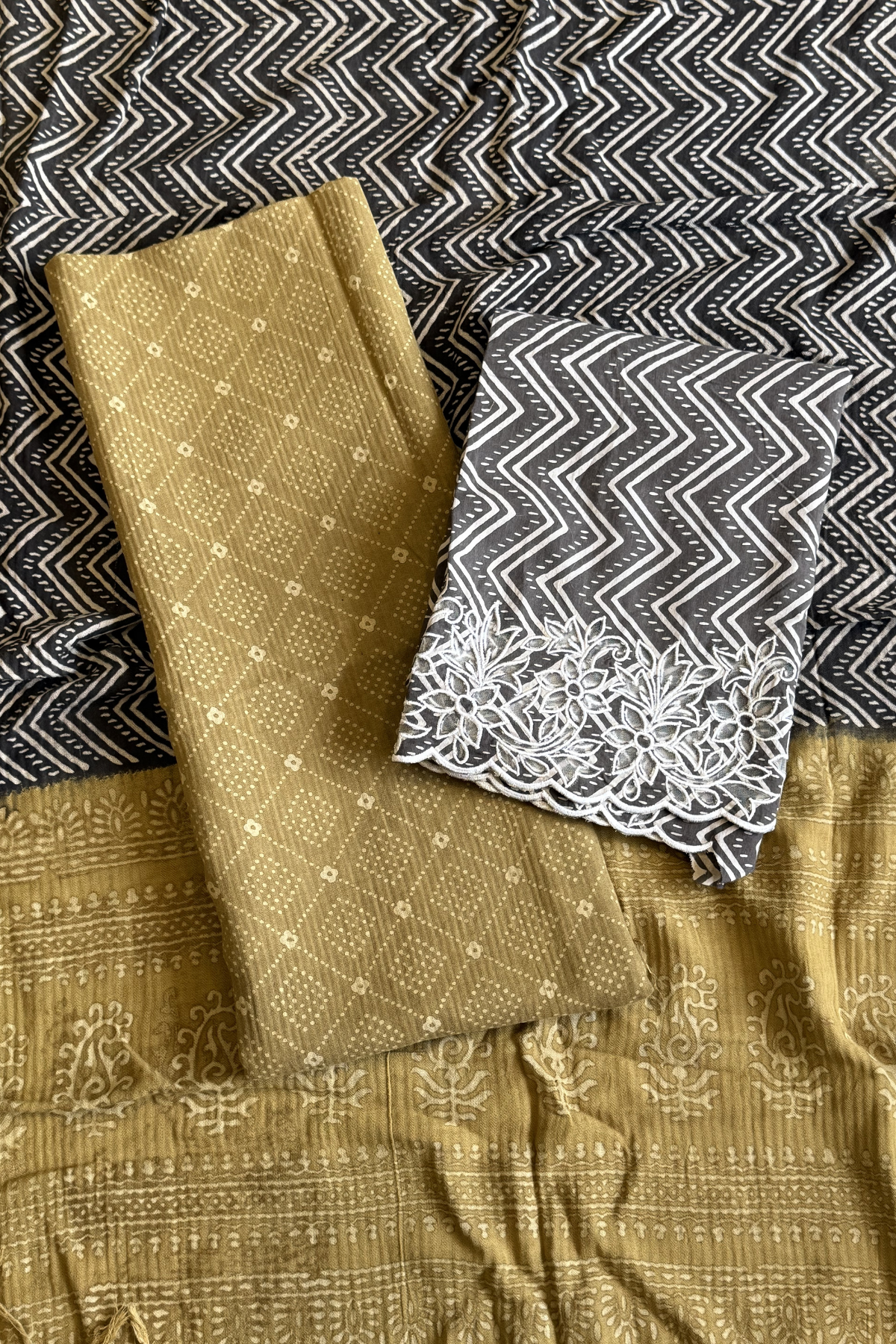 Natural Dye Pashmina Suit With cutwork - Mustard Yellow & Black