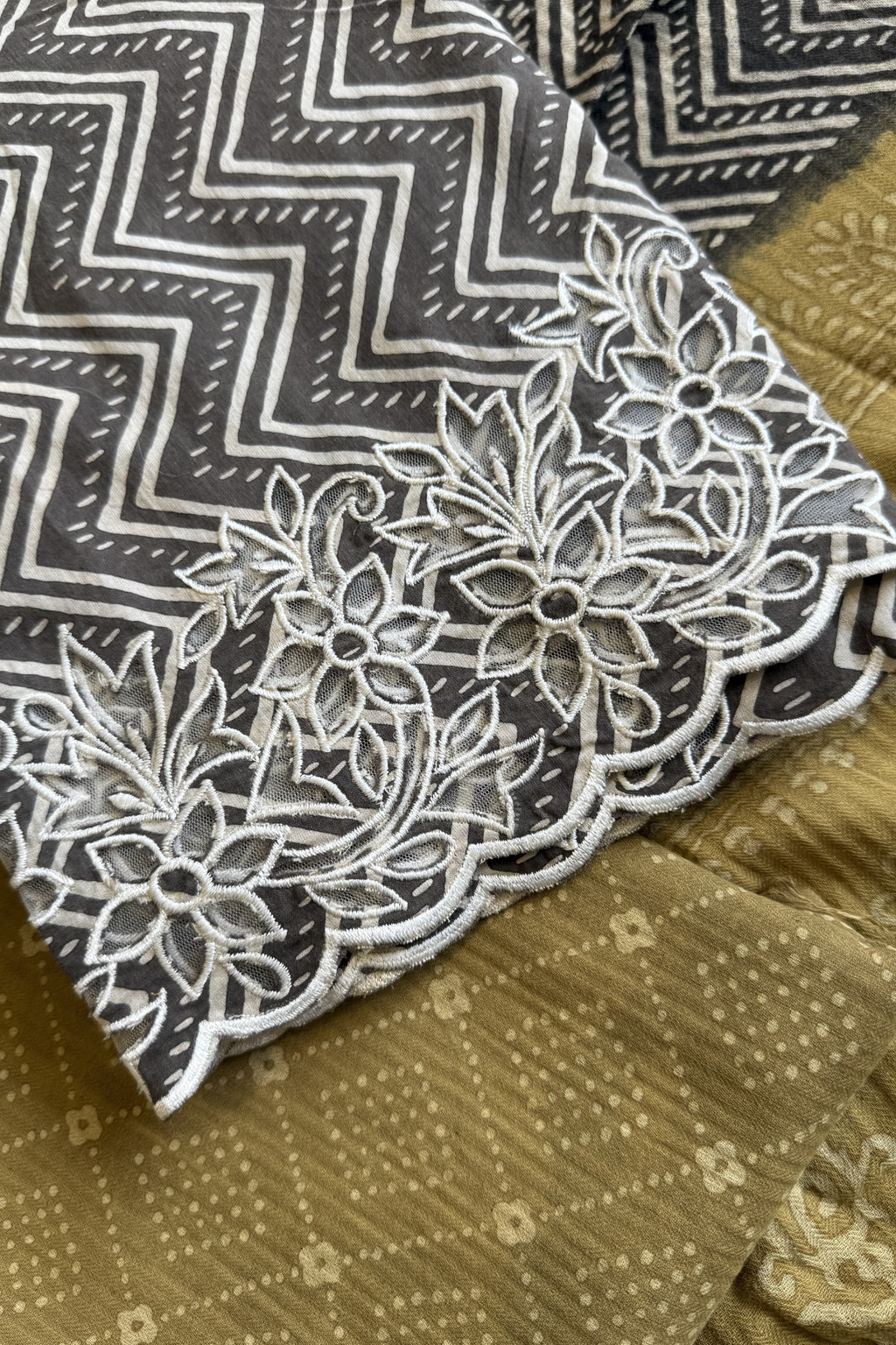 Natural Dye Pashmina Suit With cutwork - Mustard Yellow & Black