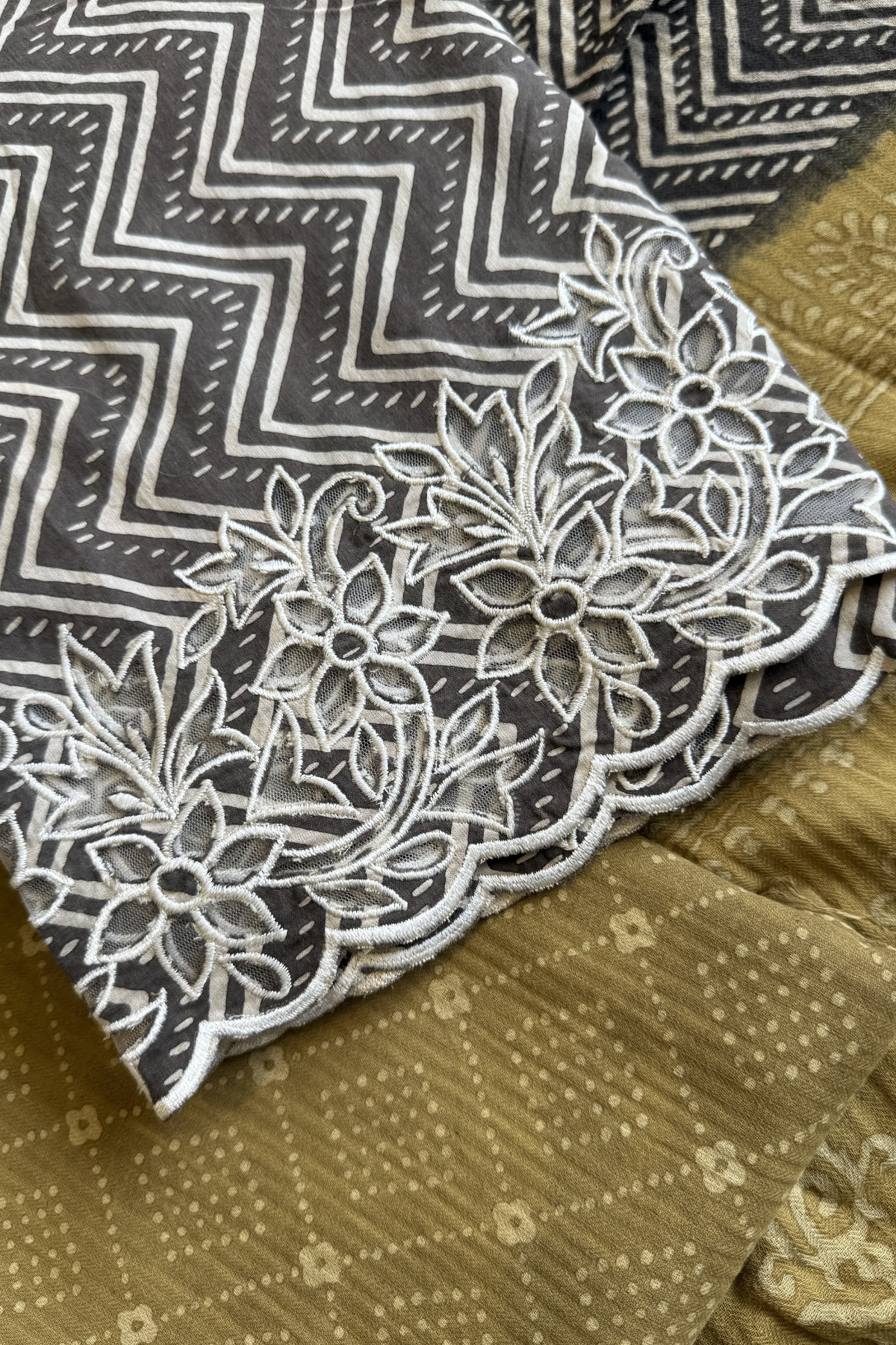 Natural Dye Pashmina Suit With cutwork - Mustard Yellow & Black