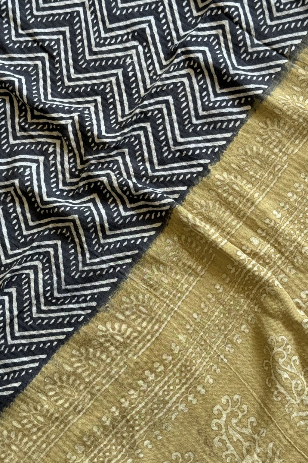 Natural Dye Pashmina Suit With cutwork - Mustard Yellow & Black