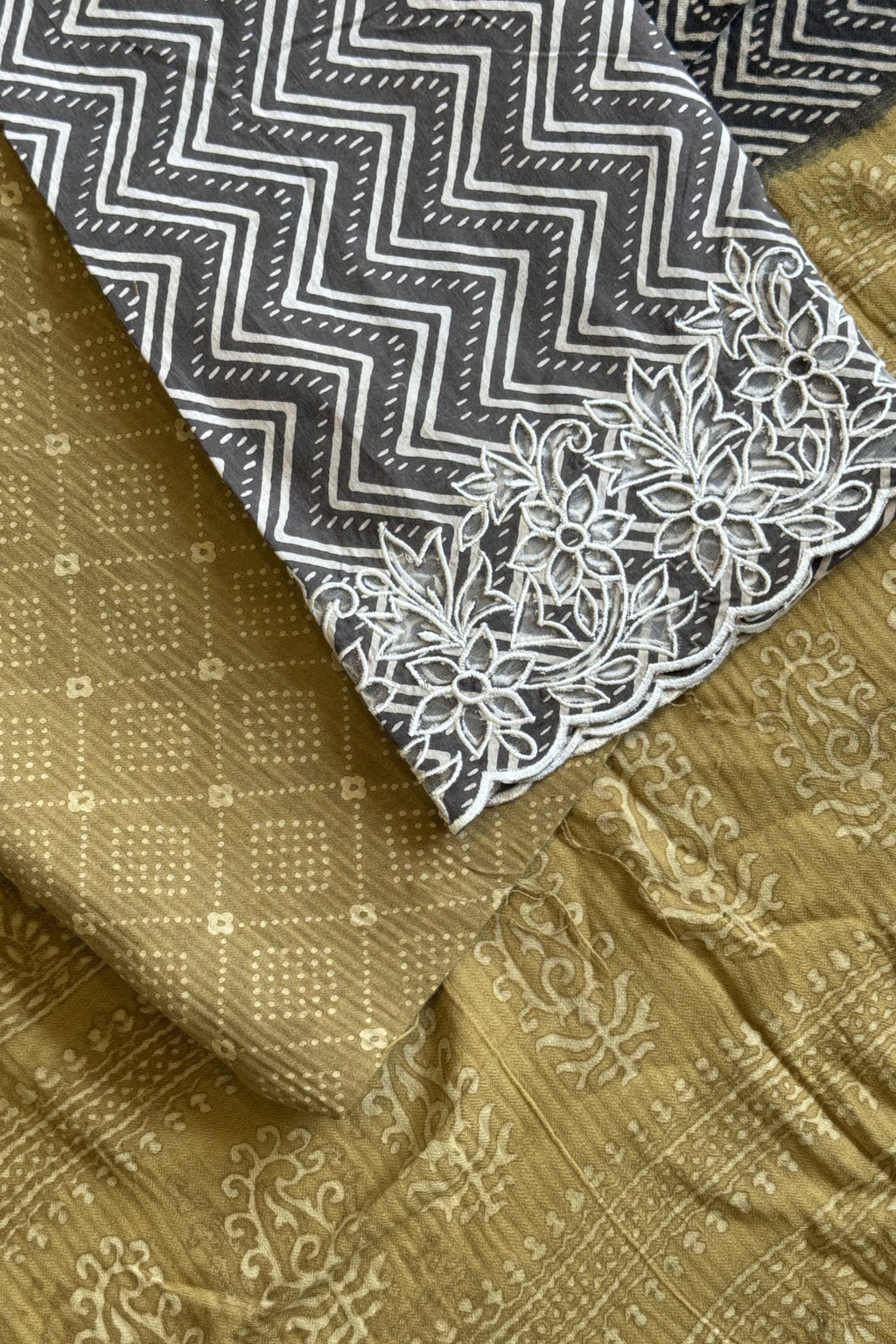 Natural Dye Pashmina Suit With cutwork - Mustard Yellow & Black