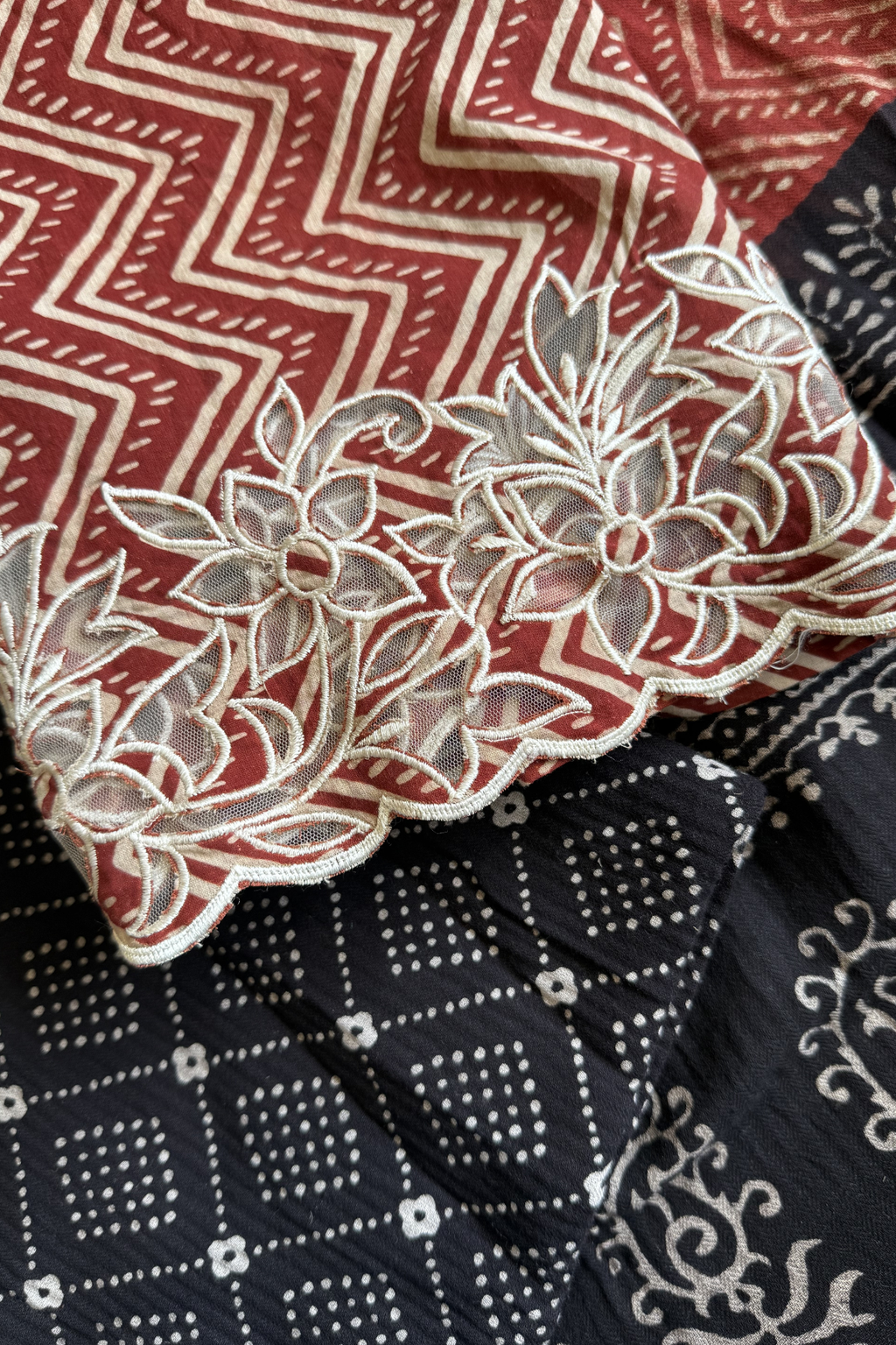 Natural Dye Pashmina Suit With cutwork - Black & Red