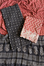 Natural Dye Pashmina Suit With cutwork - Black & Red