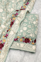 Pure Georjette With Parsi Work Unstitched Suit Set - seafoam green