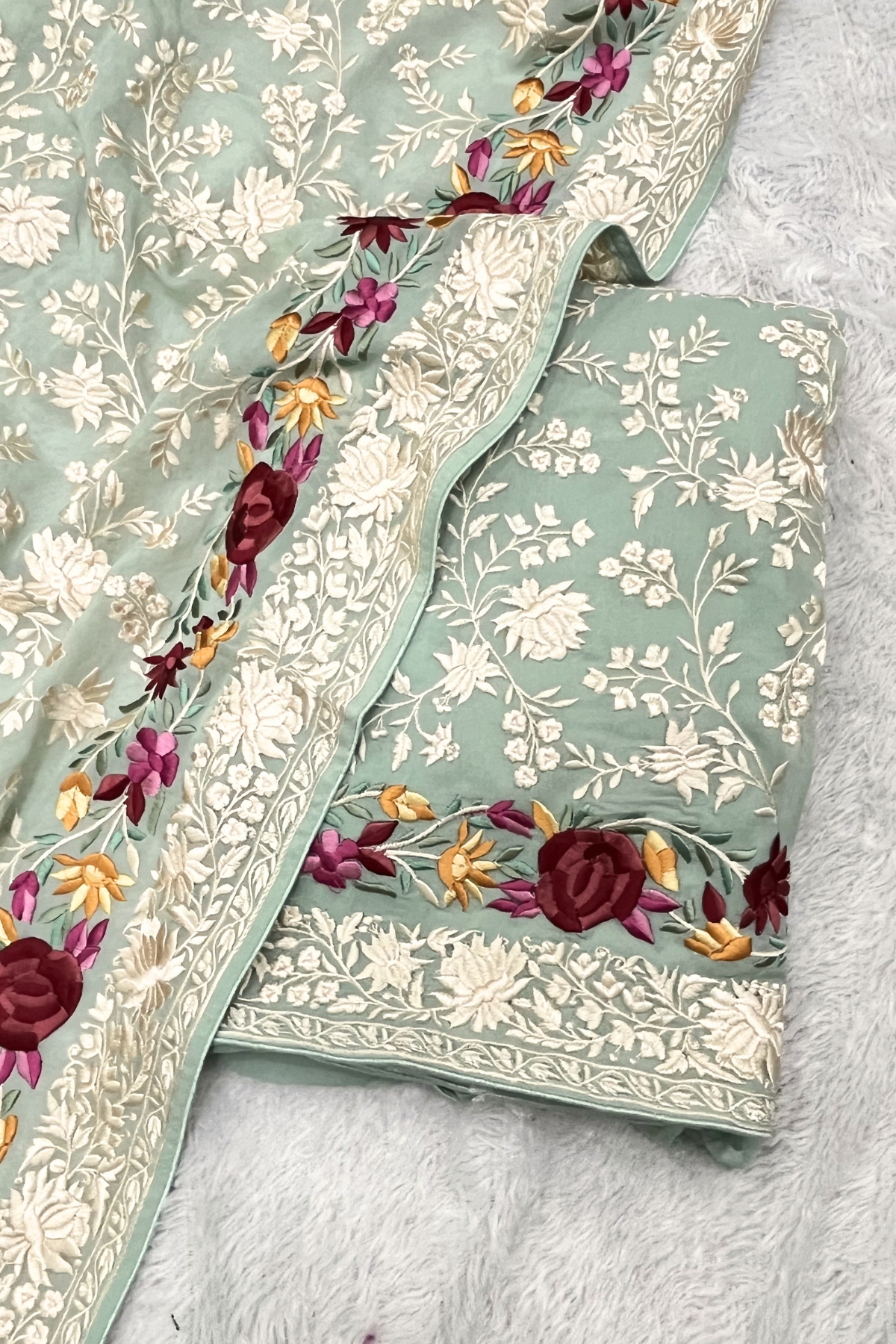 Pure Georjette With Parsi Work Unstitched Suit Set - seafoam green