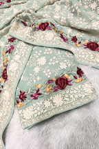 Pure Georjette With Parsi Work Unstitched Suit Set - seafoam green