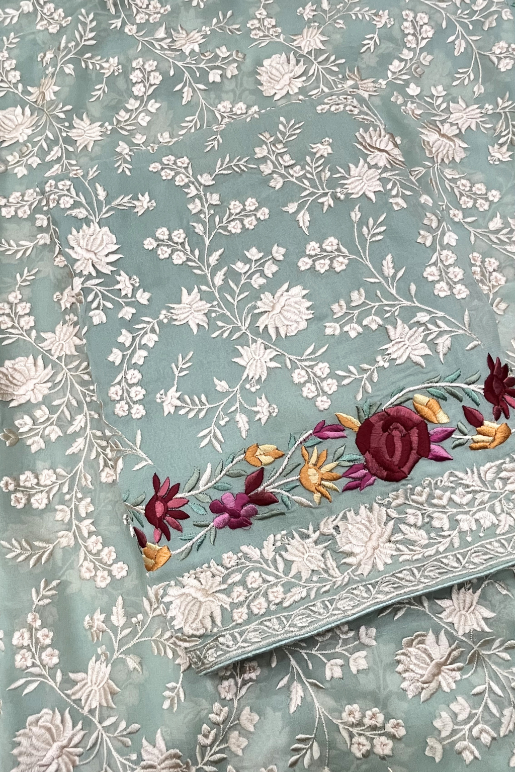 Pure Georjette With Parsi Work Unstitched Suit Set - seafoam green
