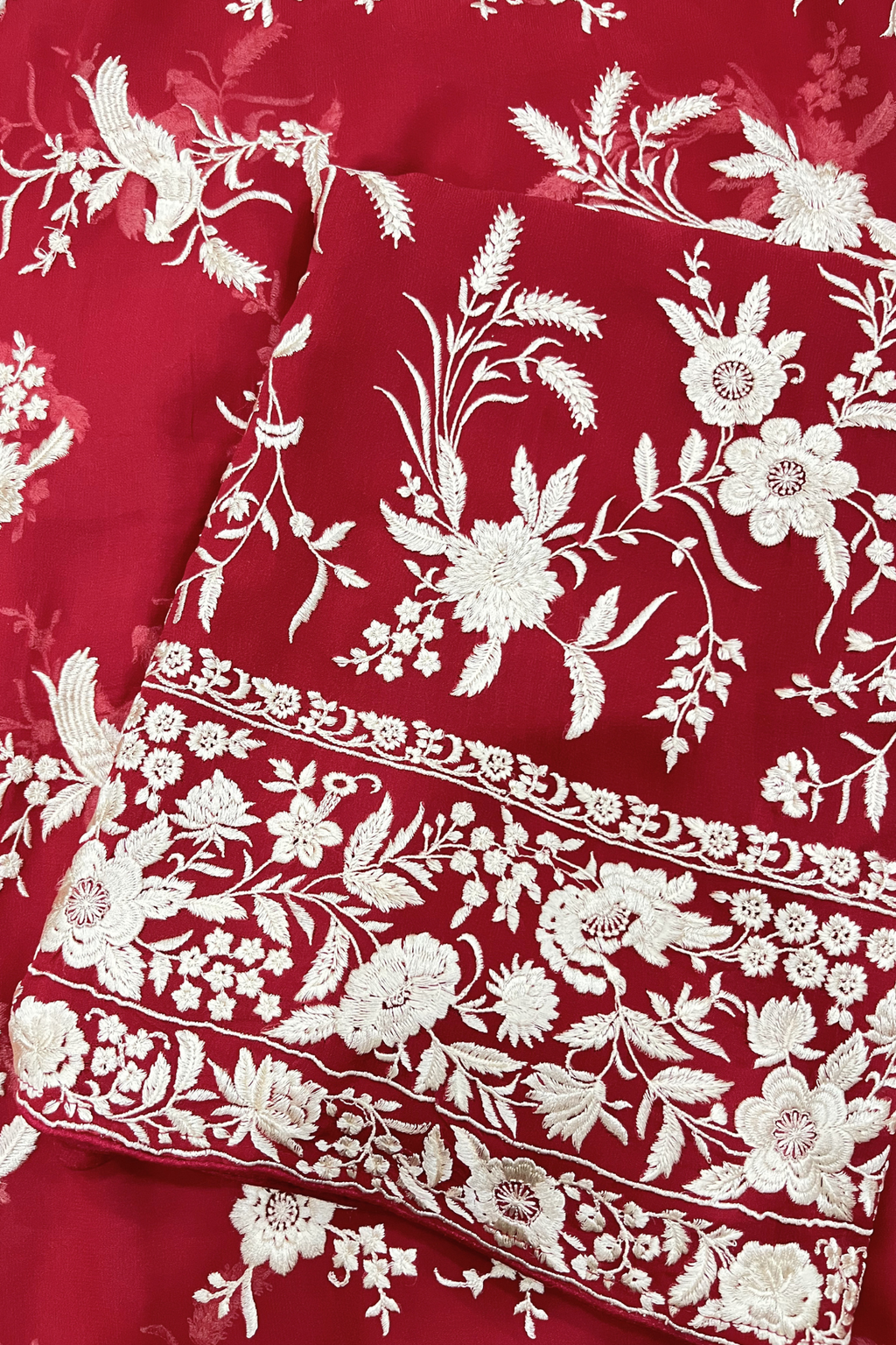 Pure Georjette With Parsi Work Unstitched Suit Set - Red