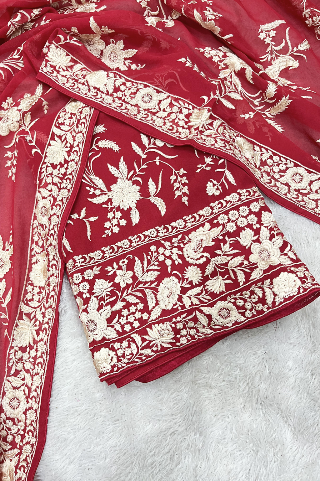 Pure Georjette With Parsi Work Unstitched Suit Set - Red