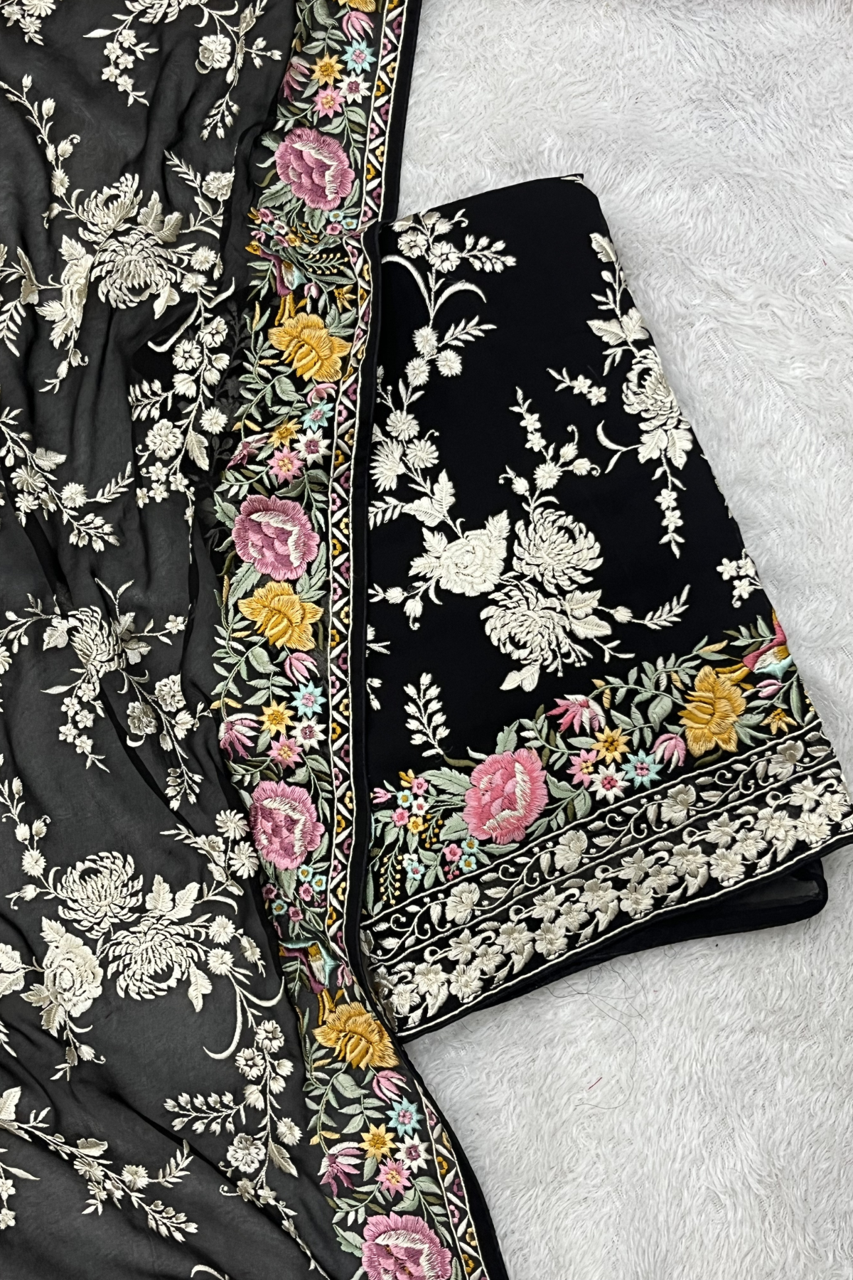 Pure Georjette With Parsi Work Unstitched Suit Set - Black