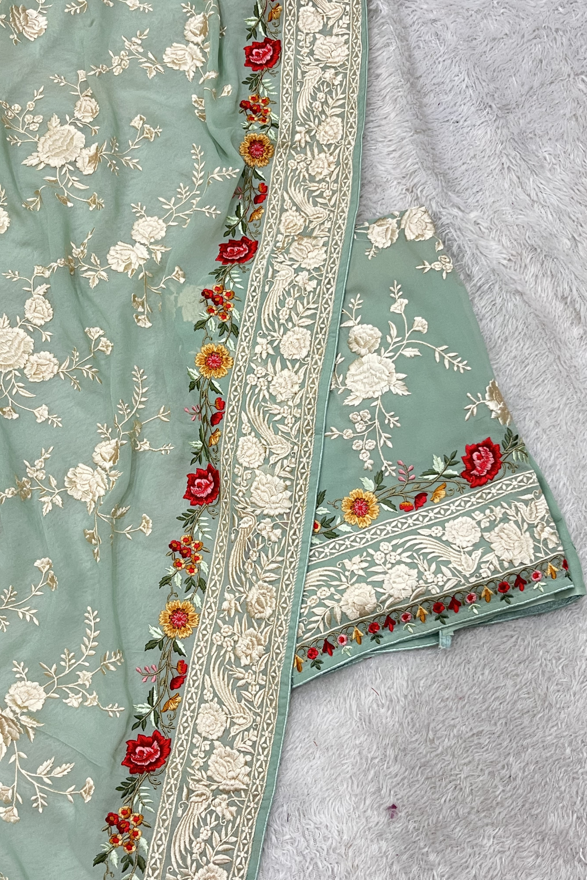 Pure Georjette With Parsi Work Unstitched Suit Set - seafoam green