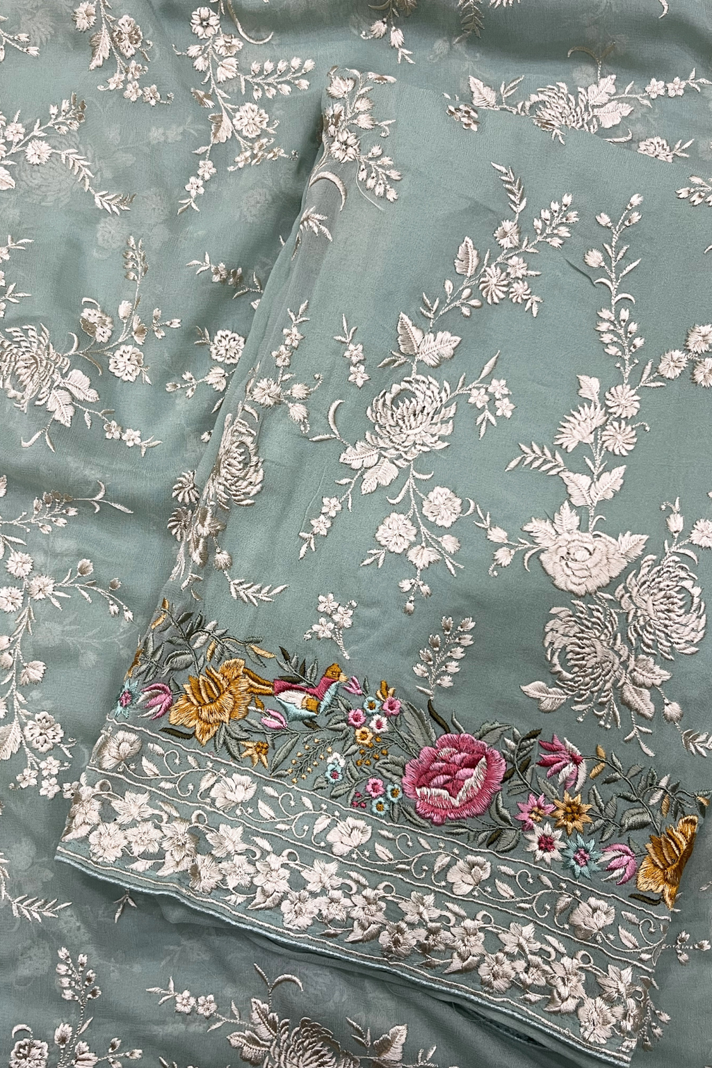Pure Georjette With Parsi Work Unstitched Suit Set - seafoam green
