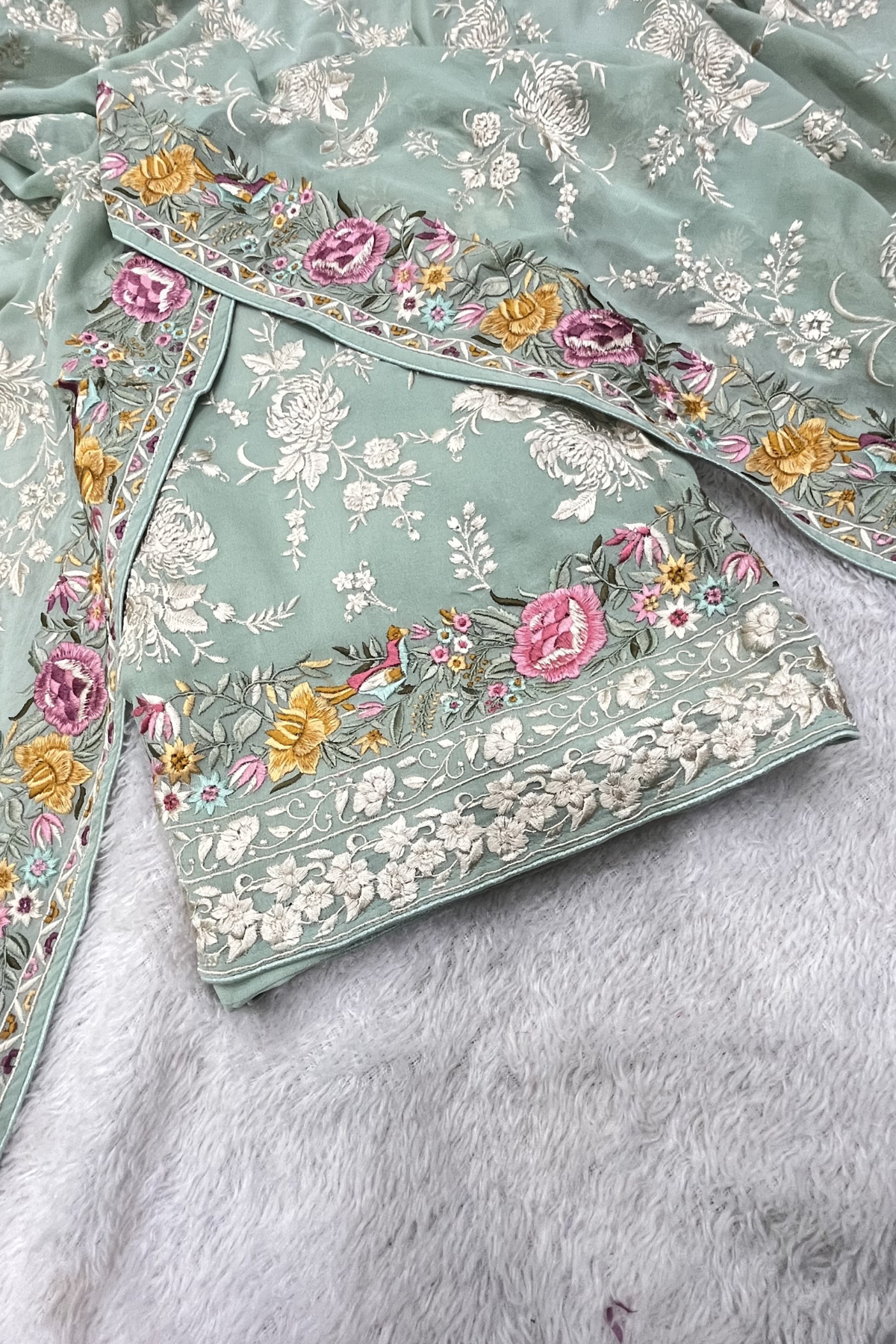 Pure Georjette With Parsi Work Unstitched Suit Set - seafoam green