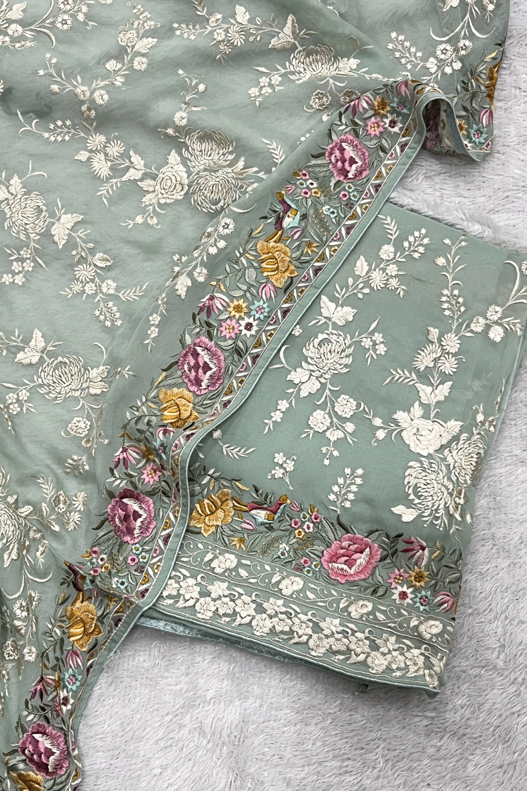 Pure Georjette With Parsi Work Unstitched Suit Set - seafoam green