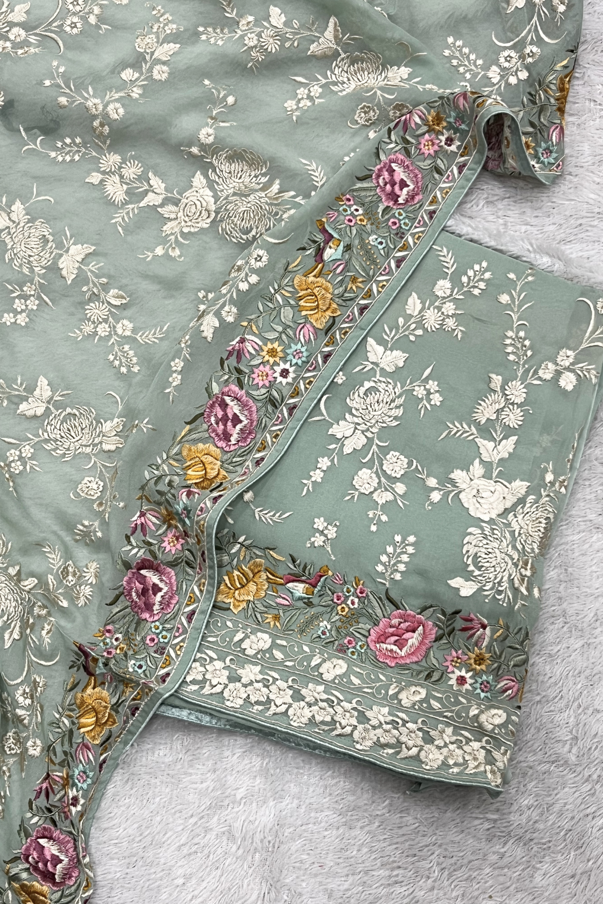 Pure Georjette With Parsi Work Unstitched Suit Set - seafoam green