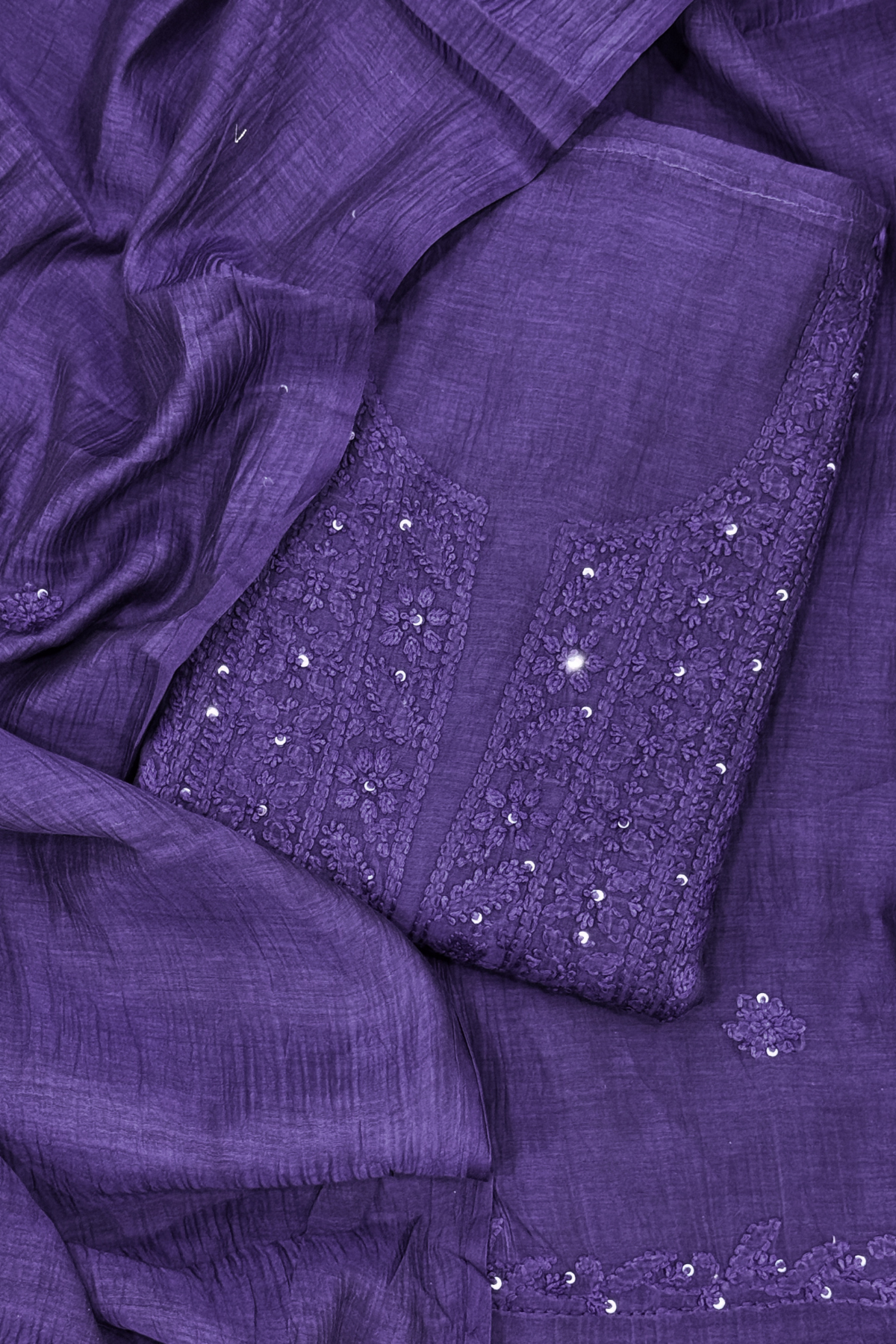 Lucknawi Pure Mul Chanderi 3-Piece Unstitched Kurta Set – Dark Purple