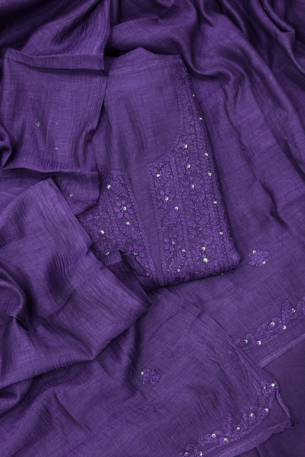 Lucknawi Pure Mul Chanderi 3-Piece Unstitched Kurta Set – Dark Purple