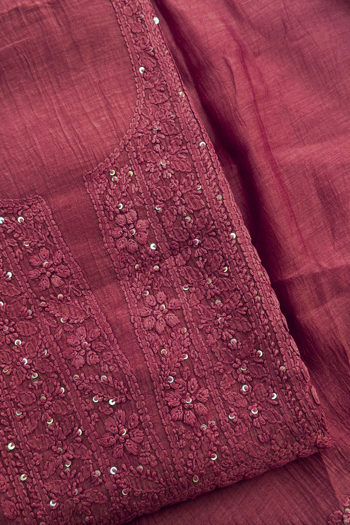 Lucknawi Pure Mul Chanderi 3-Piece Unstitched Kurta Set –  Maroon