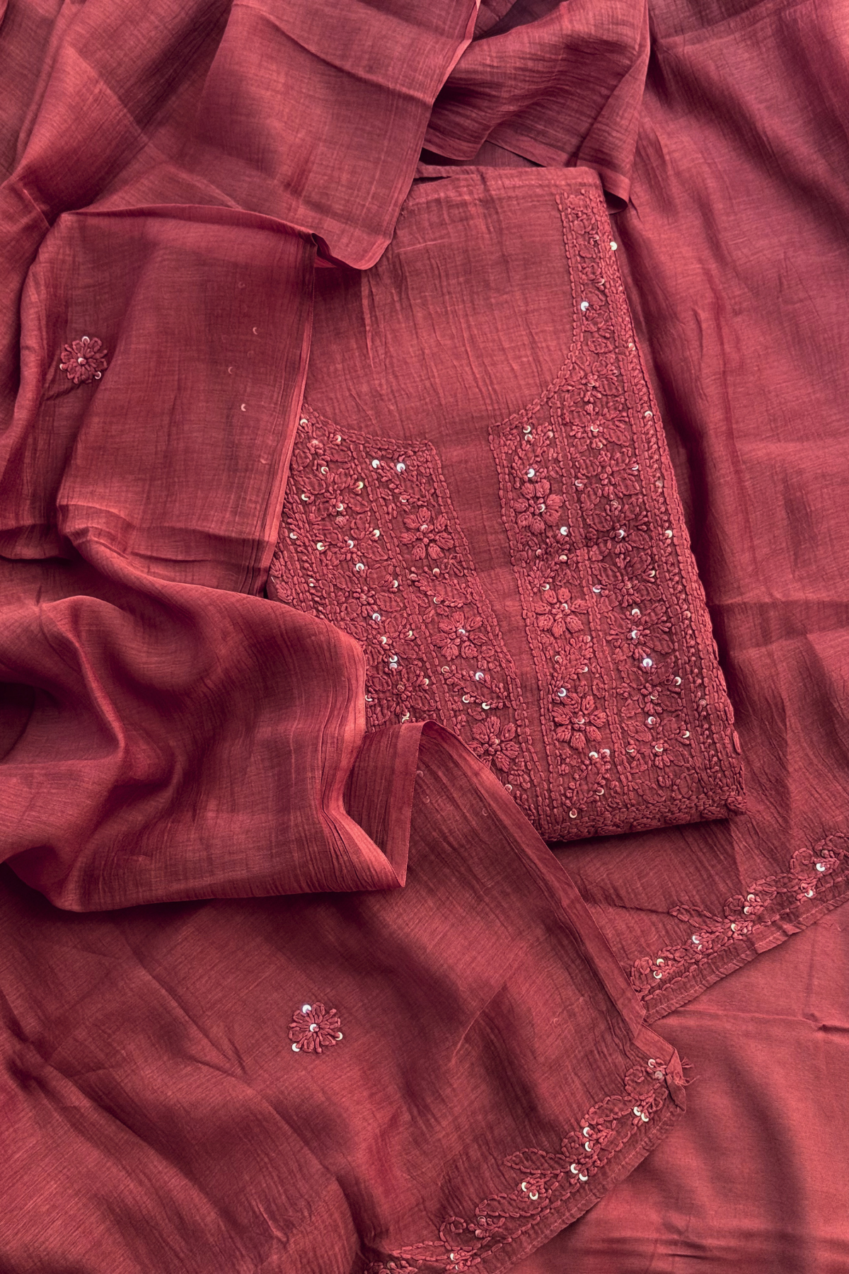 Lucknawi Pure Mul Chanderi 3-Piece Unstitched Kurta Set –  Maroon