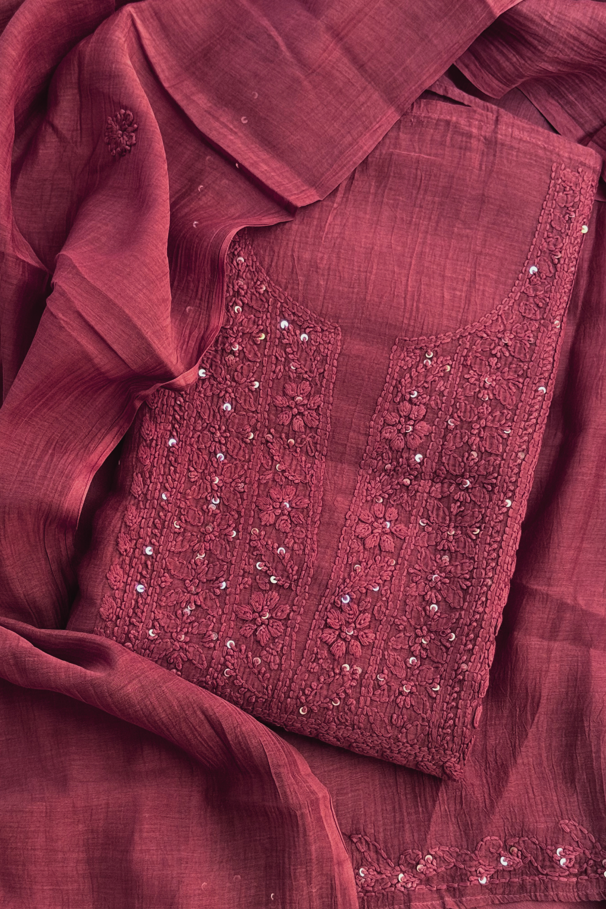 Lucknawi Pure Mul Chanderi 3-Piece Unstitched Kurta Set –  Maroon