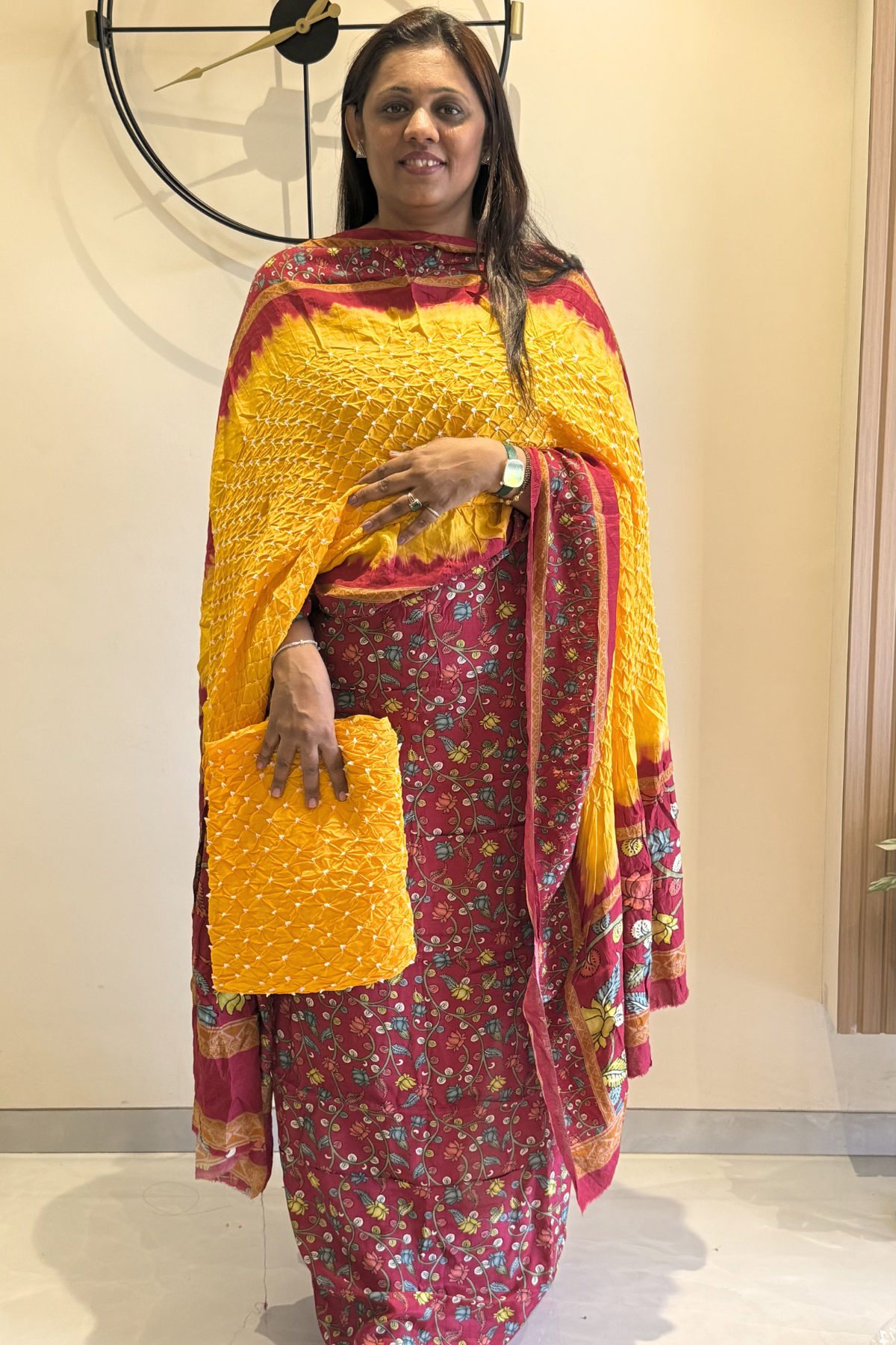 Bandhej With Kalamkari Print - 3 pc Unstiched Suit Set - Red Maroon & Yellow