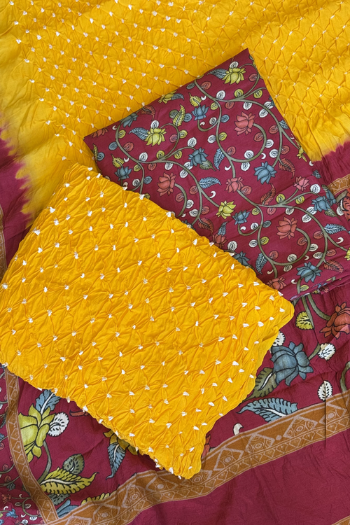 Bandhej With Kalamkari Print - 3 pc Unstiched Suit Set - Red Maroon & Yellow