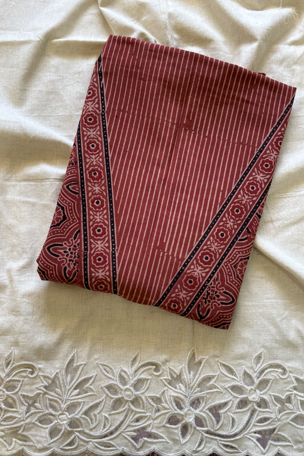 Pure Cotton Ajrak Suit Set With cutwork Bottom- Maroon