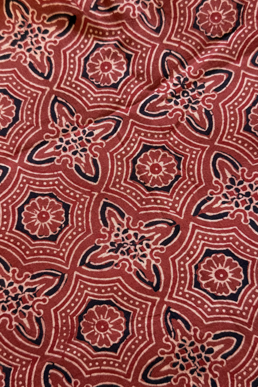 Pure Cotton Ajrak Suit Set With cutwork Bottom- Maroon