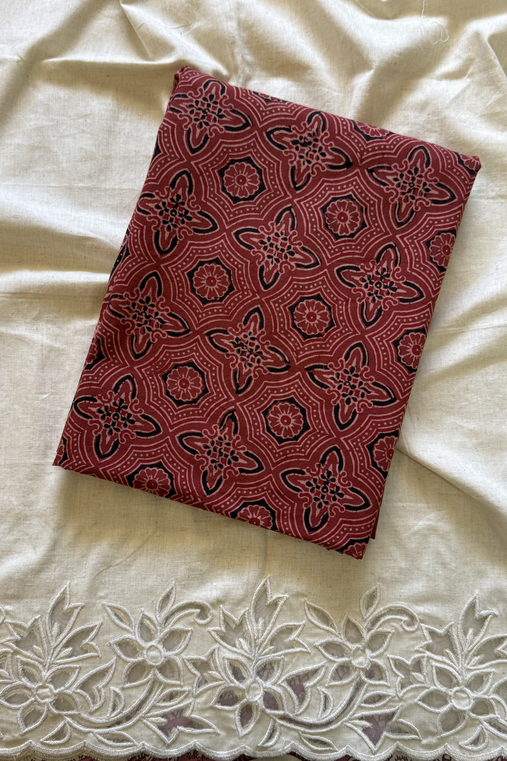 Pure Cotton Ajrak Suit Set With cutwork Bottom- Maroon