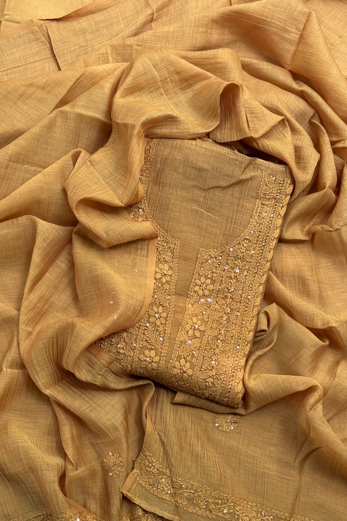 Lucknawi Pure Mul Chanderi 3-Piece Unstitched Kurta Set – Mustard Yellow