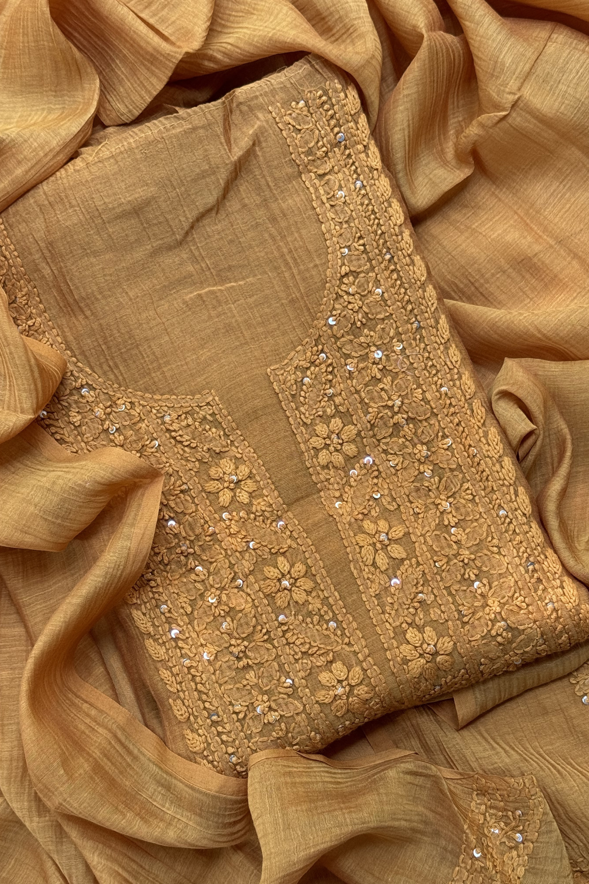 Lucknawi Pure Mul Chanderi 3-Piece Unstitched Kurta Set – Mustard Yellow