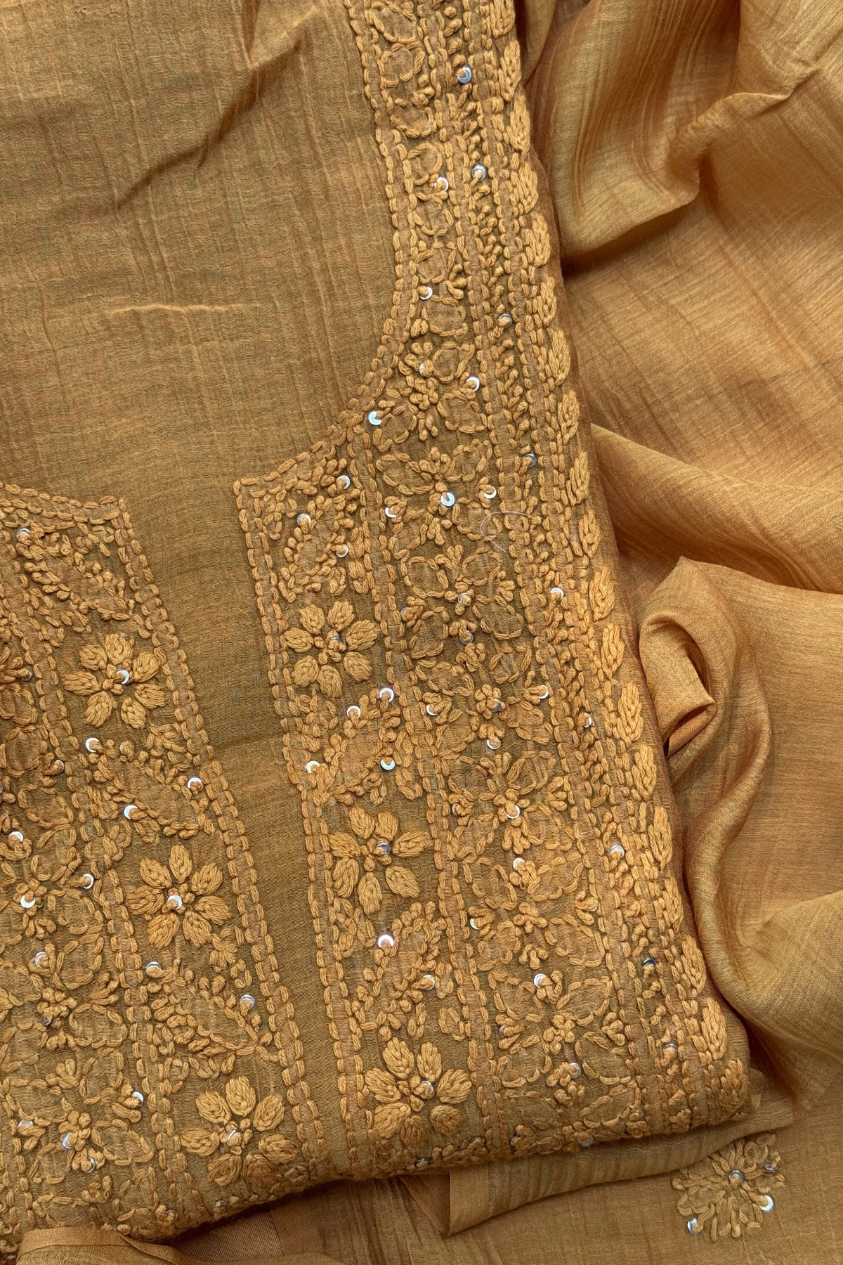Lucknawi Pure Mul Chanderi 3-Piece Unstitched Kurta Set – Mustard Yellow