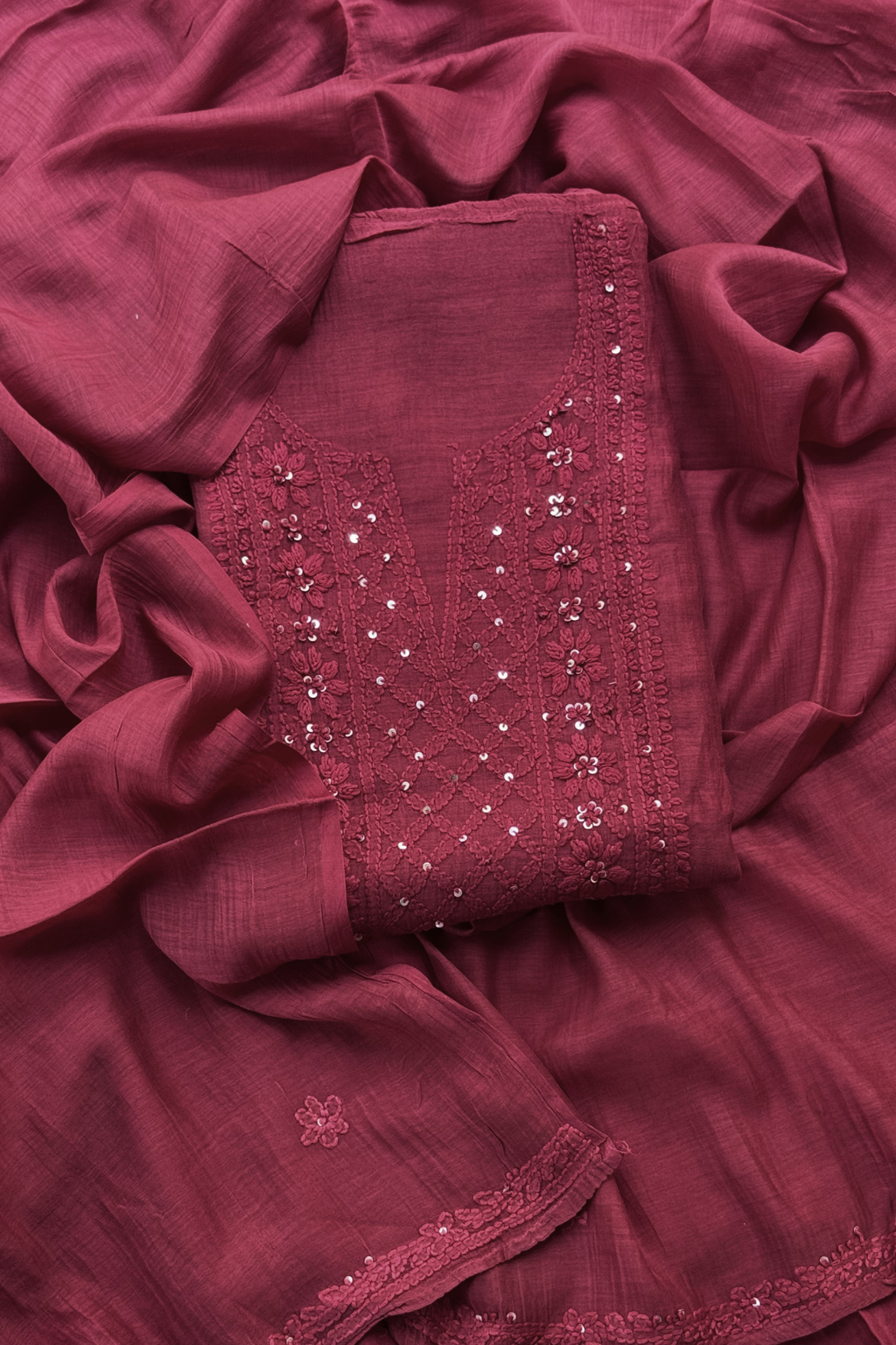 Lucknawi Pure Mul Chanderi 3-Piece Unstitched Kurta Set – Maroon
