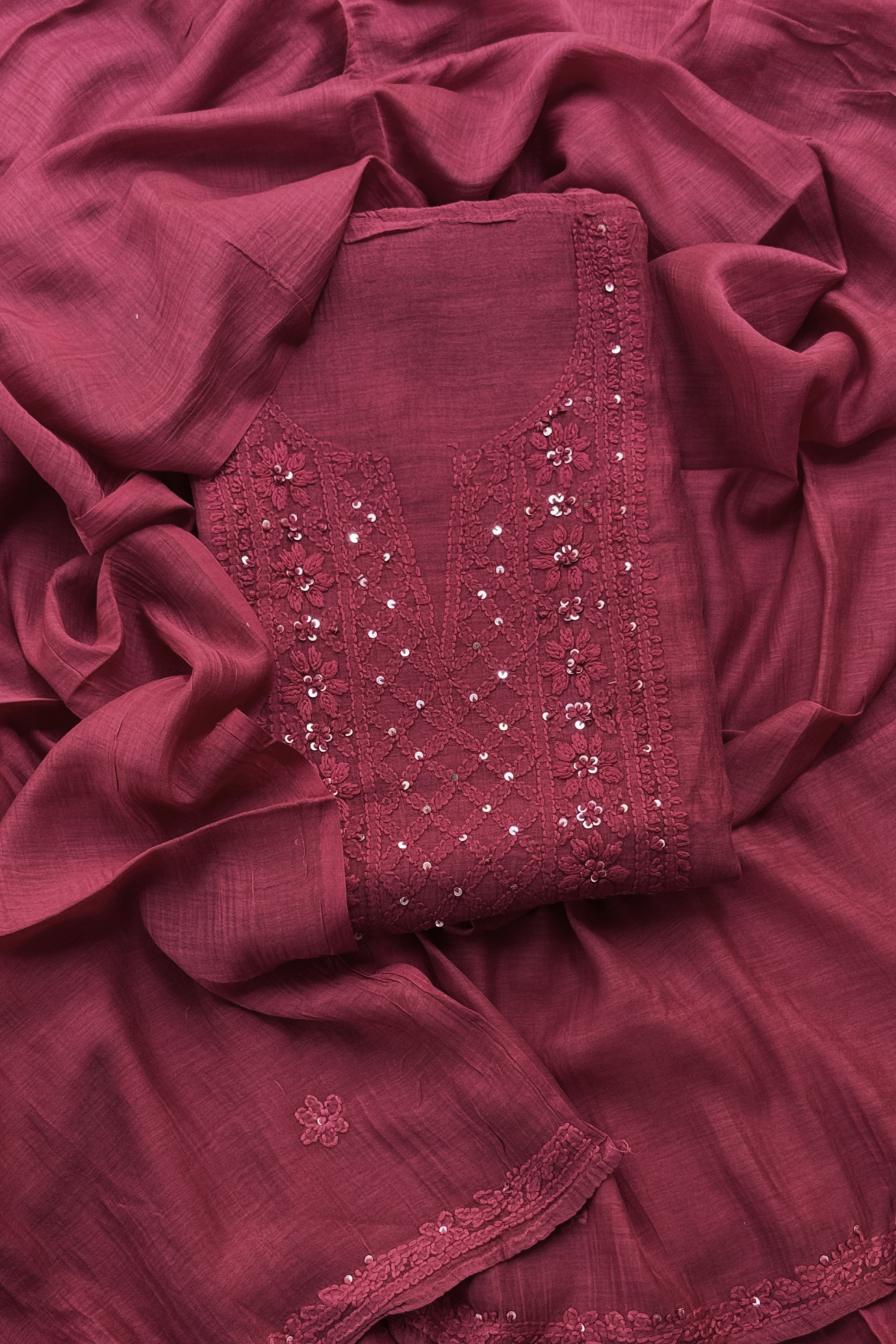 Lucknawi Pure Mul Chanderi 3-Piece Unstitched Kurta Set – Maroon