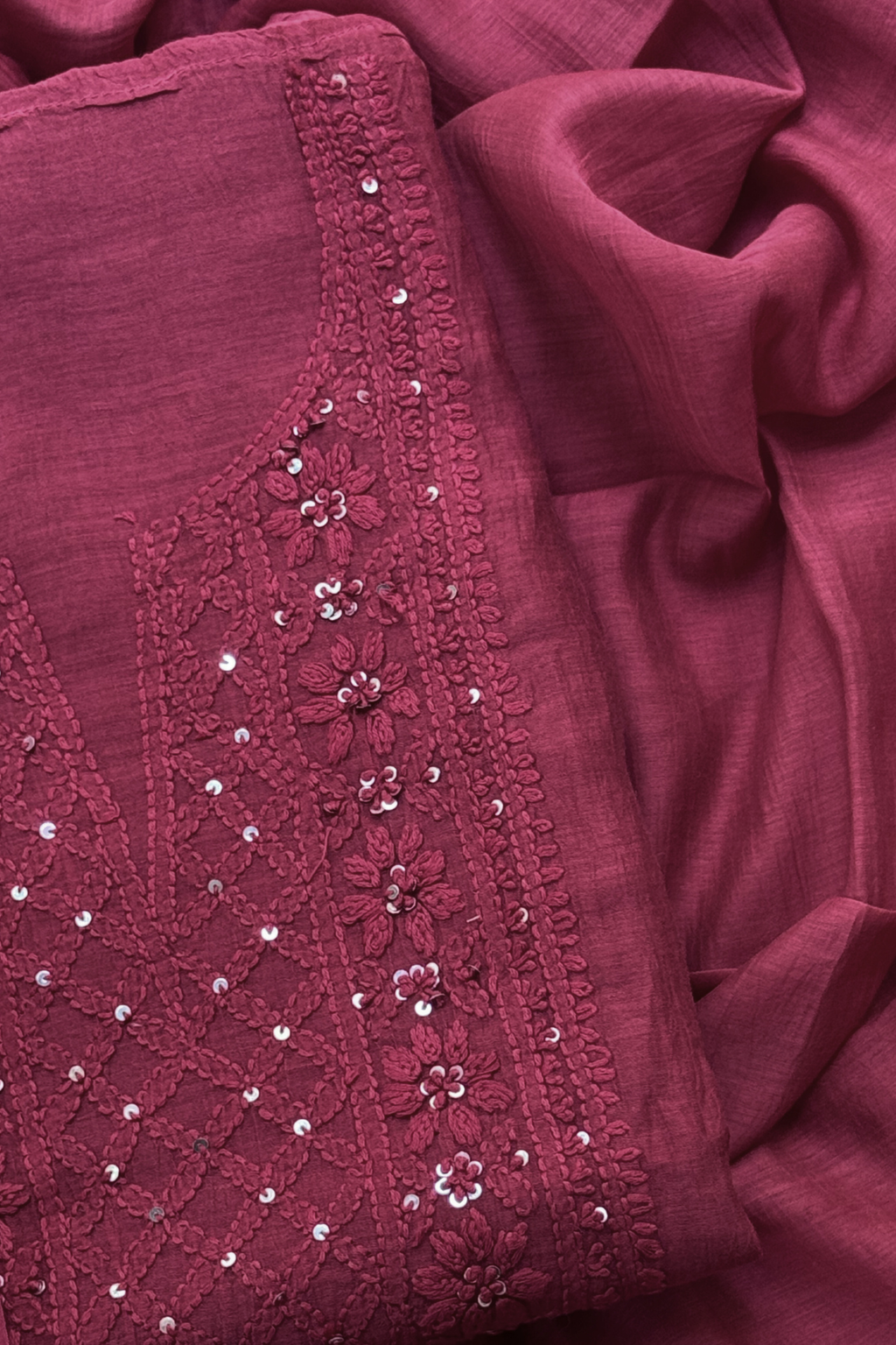 Lucknawi Pure Mul Chanderi 3-Piece Unstitched Kurta Set – Maroon