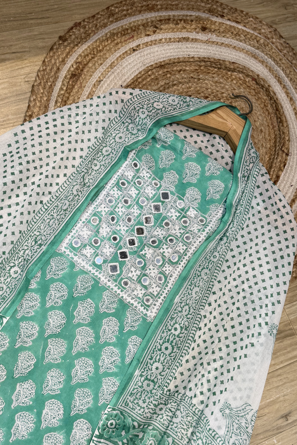 Pure Cotton Mirror Work 3 Piece Unstitched Suit Set -  Sea Green