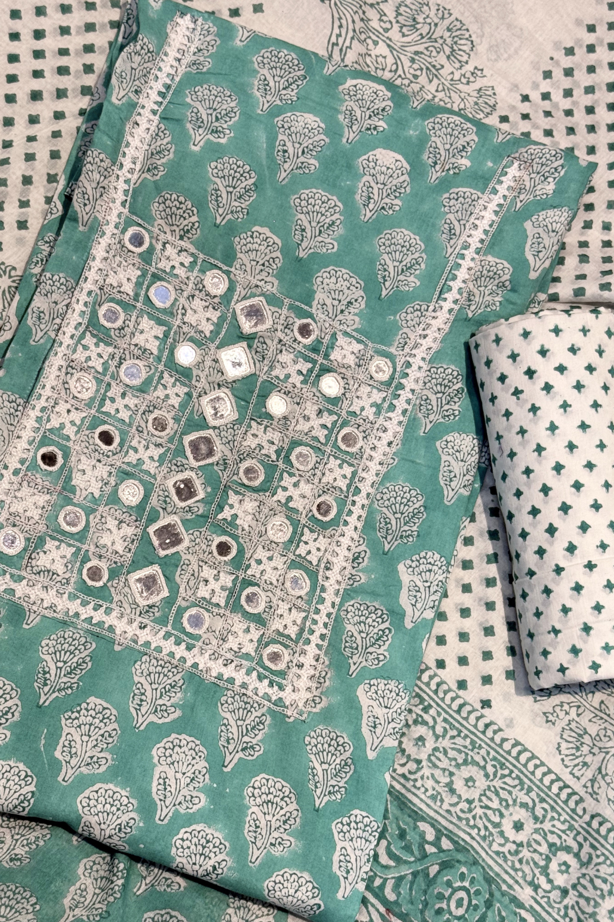Pure Cotton Mirror Work 3 Piece Unstitched Suit Set -  Sea Green