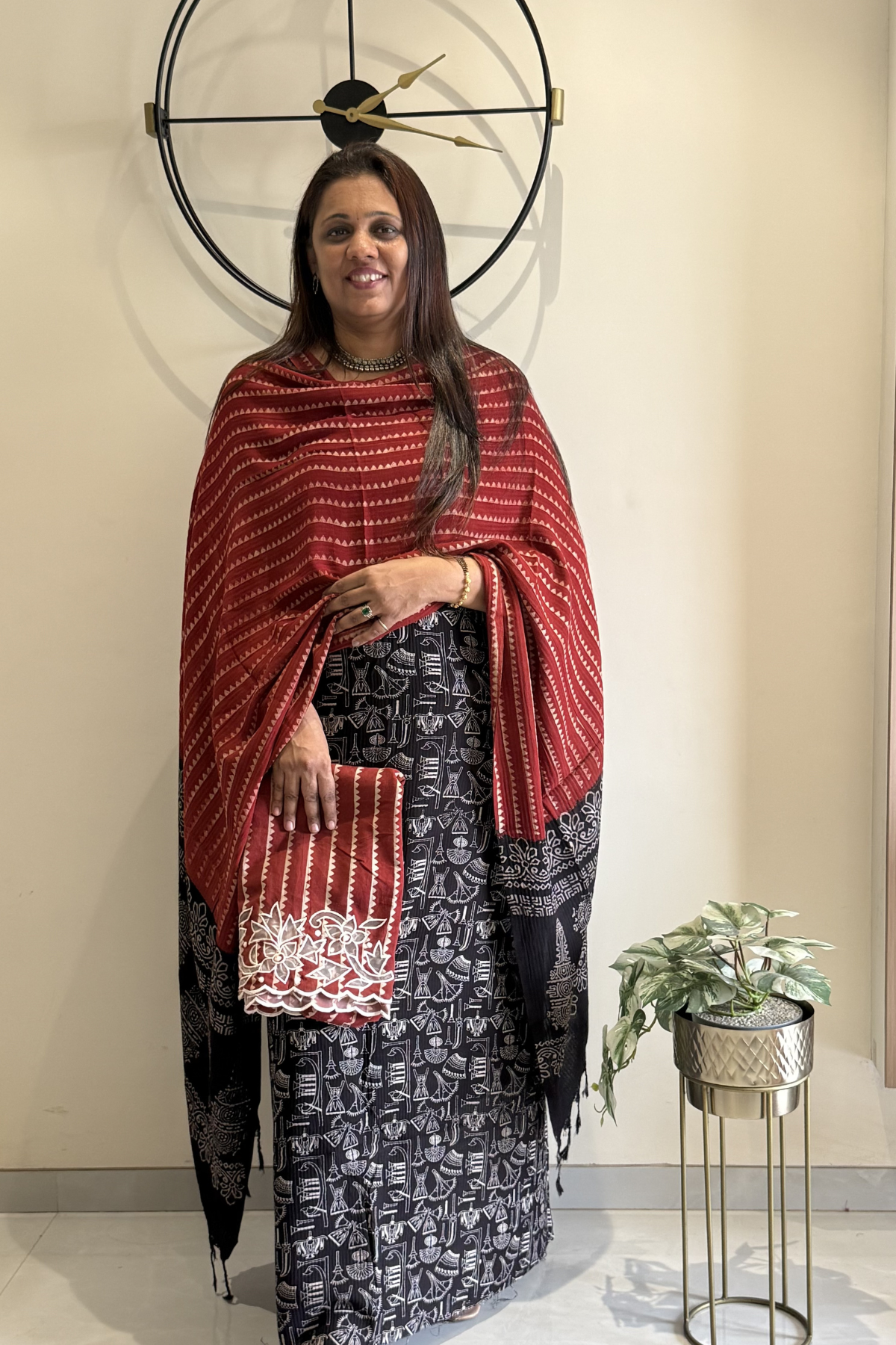 Natural Dye Pashmina Suit With cutwork  - Maroon & Black