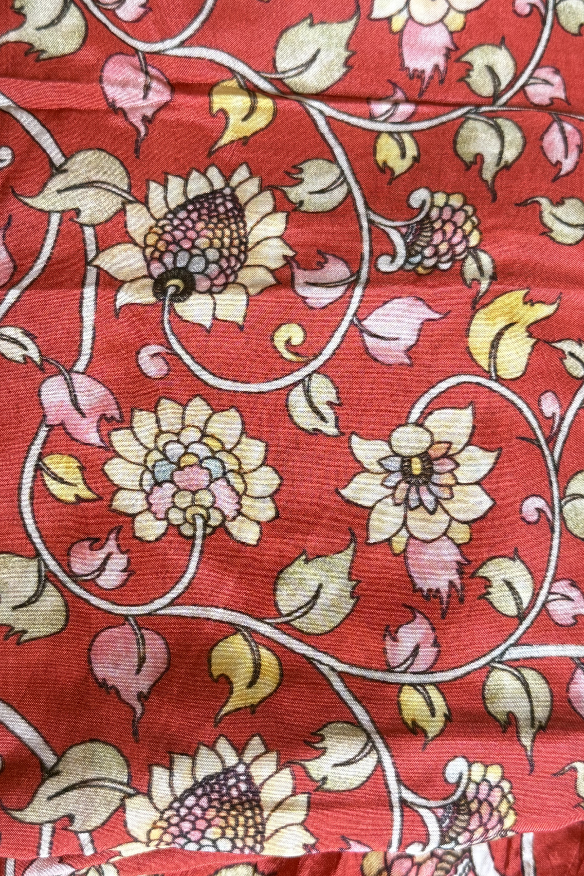 Bandhej With Kalamkari Print - 3 pc Unstiched Suit Set - Blue & Light Red