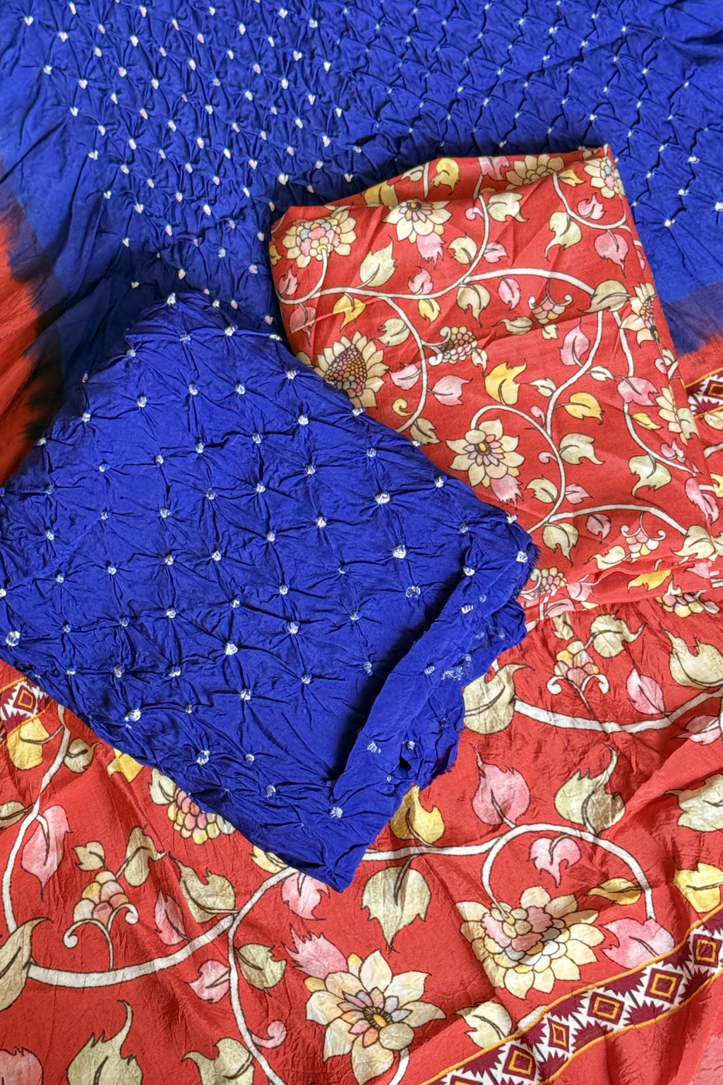 Bandhej With Kalamkari Print - 3 pc Unstiched Suit Set - Blue & Light Red