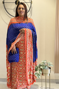 Bandhej With Kalamkari Print - 3 pc Unstiched Suit Set - Blue & Light Red