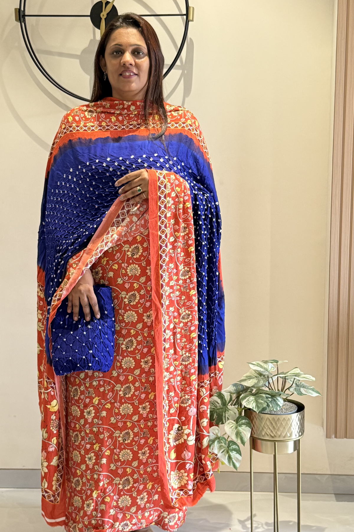 Bandhej With Kalamkari Print - 3 pc Unstiched Suit Set - Blue & Light Red