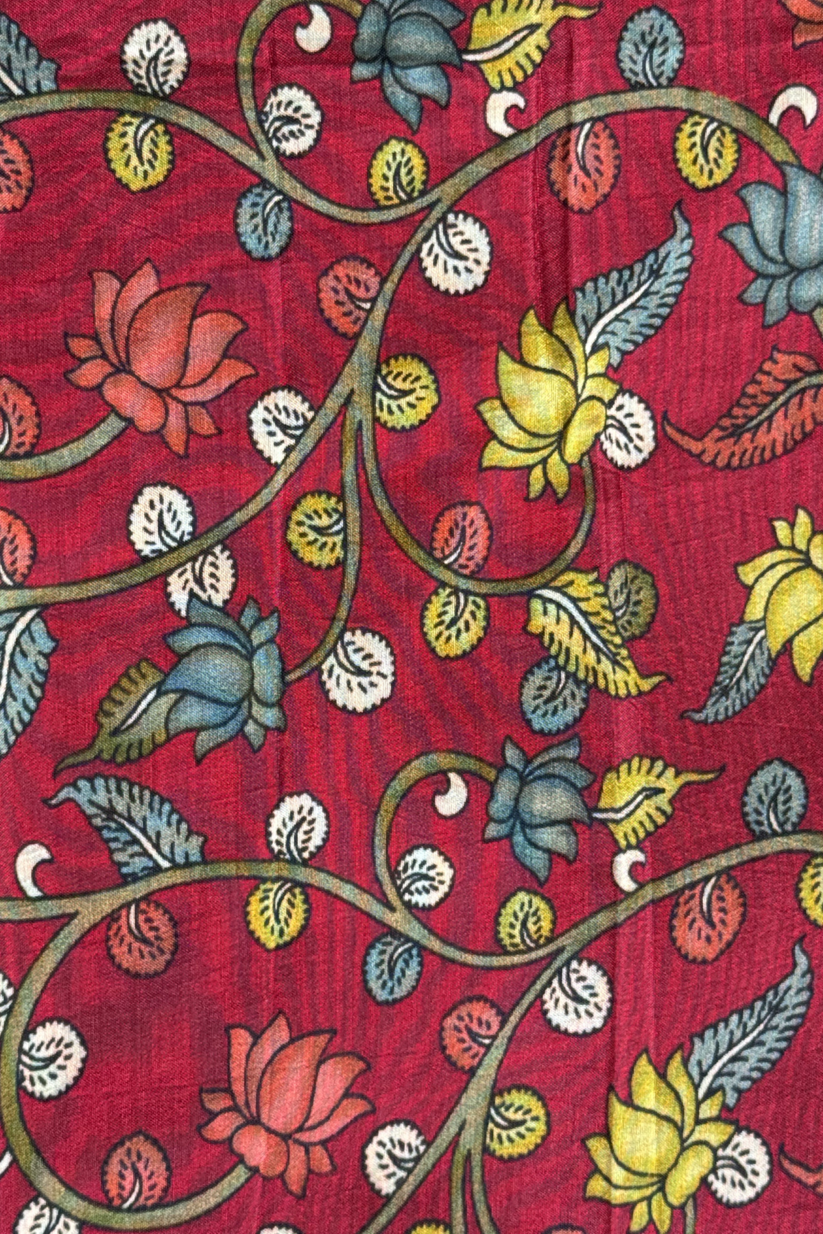 Bandhej With Kalamkari Print - 3 pc Unstiched Suit Set - Orange & Maroon