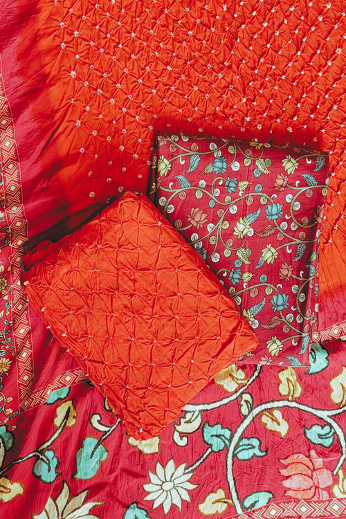 Bandhej With Kalamkari Print - 3 pc Unstiched Suit Set - Orange & Maroon
